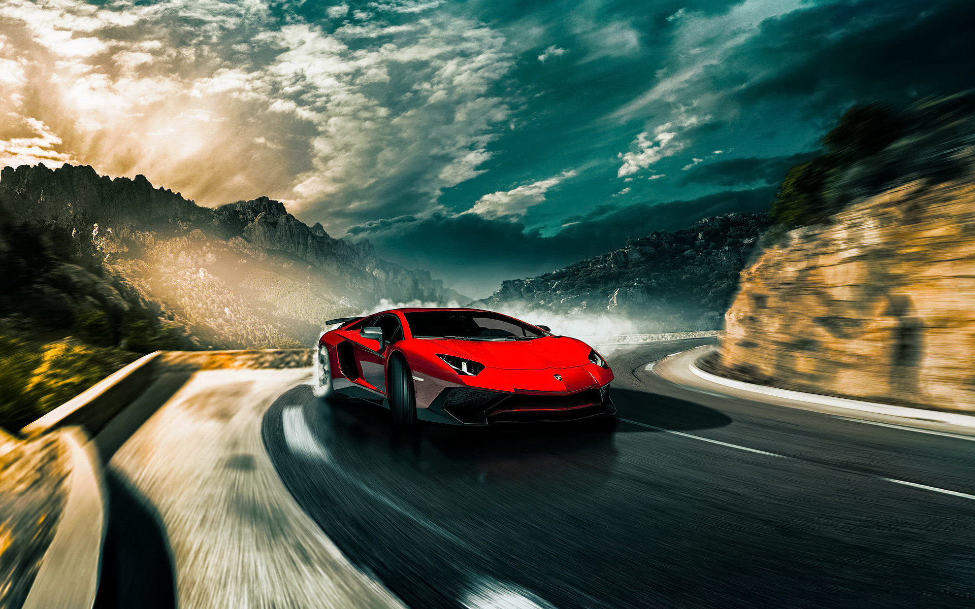 Lamborghini Aventador LP750-4 Superveloce, Rosso, Strada di montagna, Curva, sfondo desktop