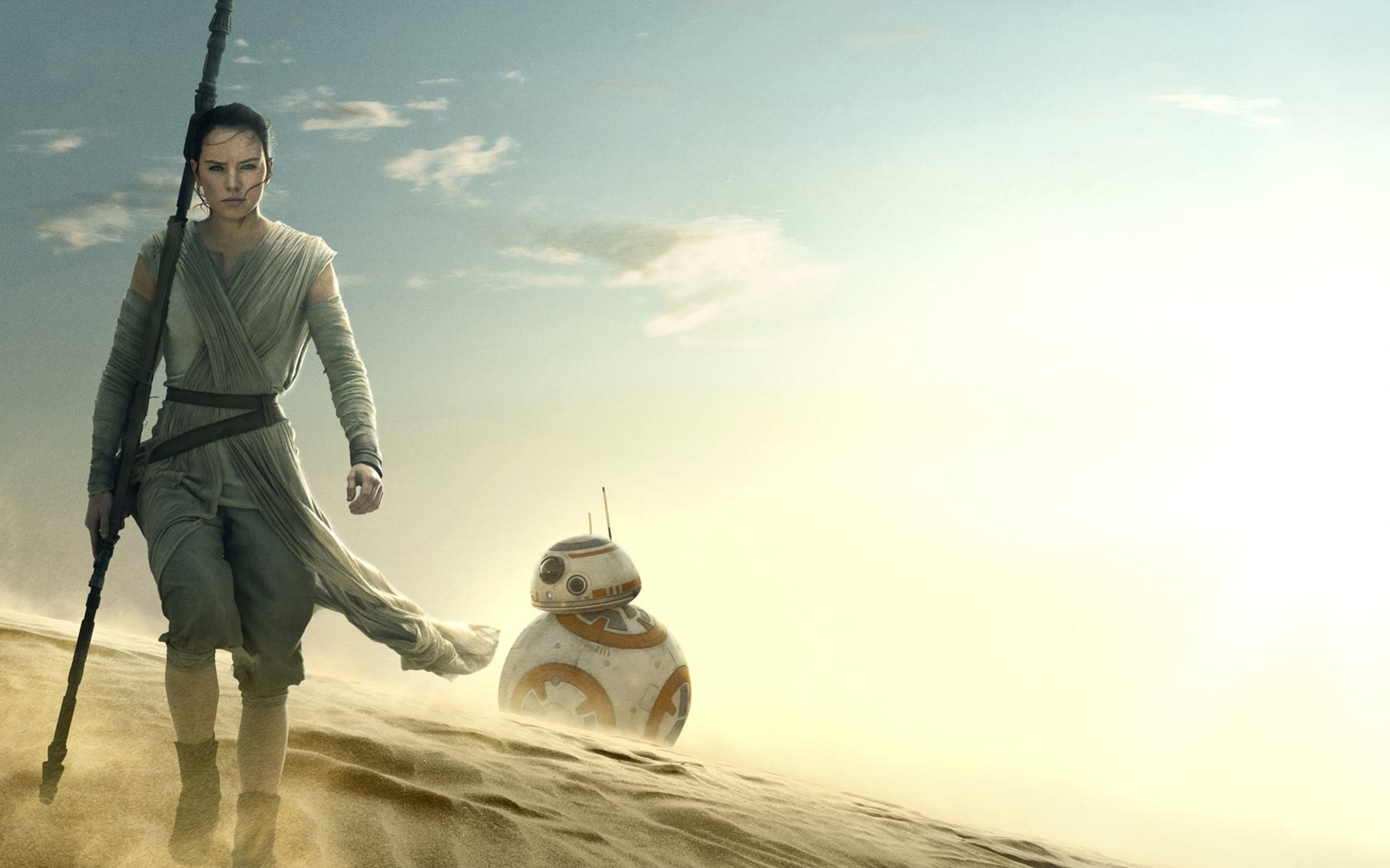 Rey, BB-8, Daisy Ridley, Jakku, Star Wars: Il risveglio della Forza, Deserto, wallpaper 2K