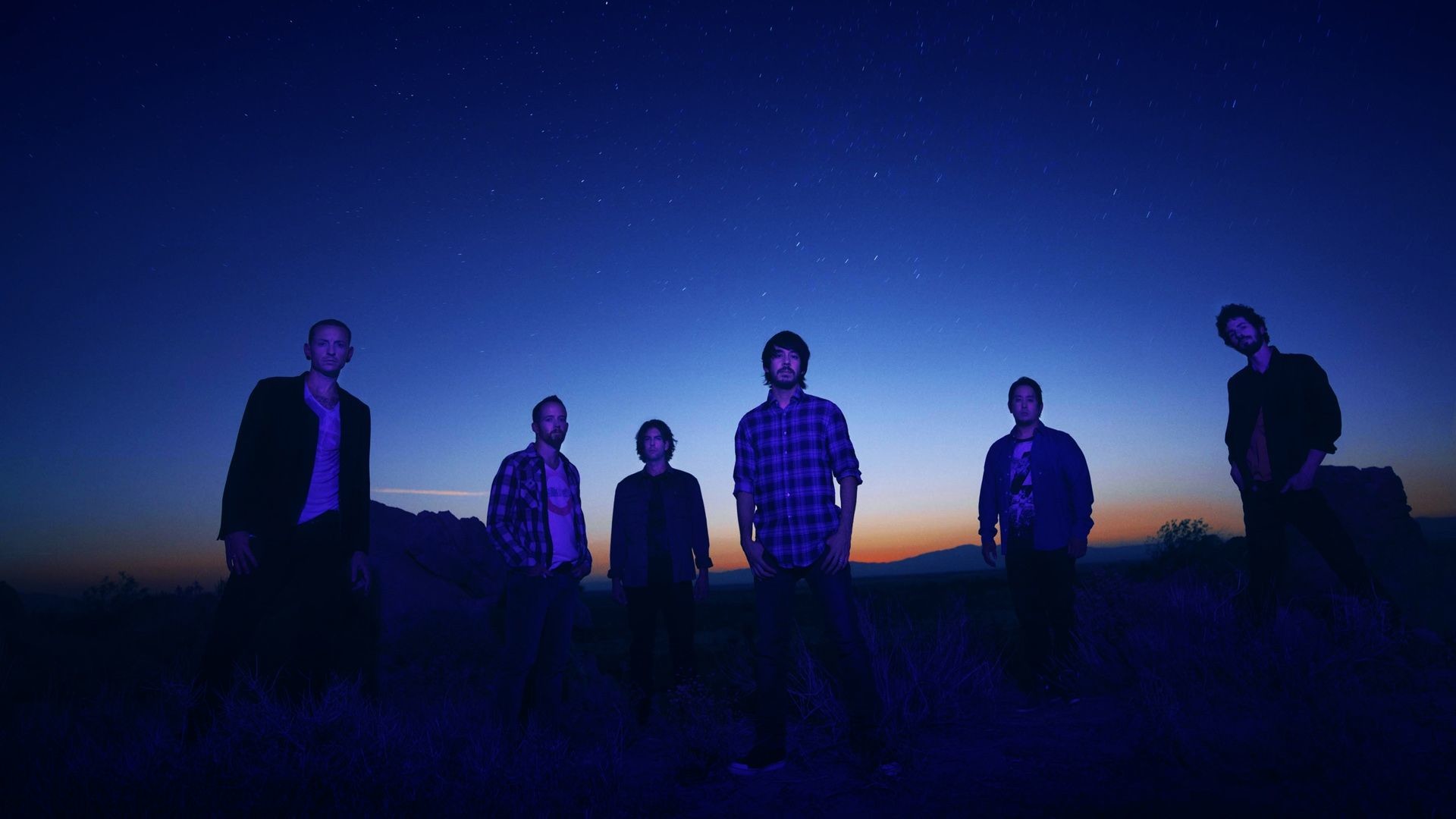 Linkin Park, Band, Notte, Cielo blu, Sagome, Full HD, sfondo per portatile