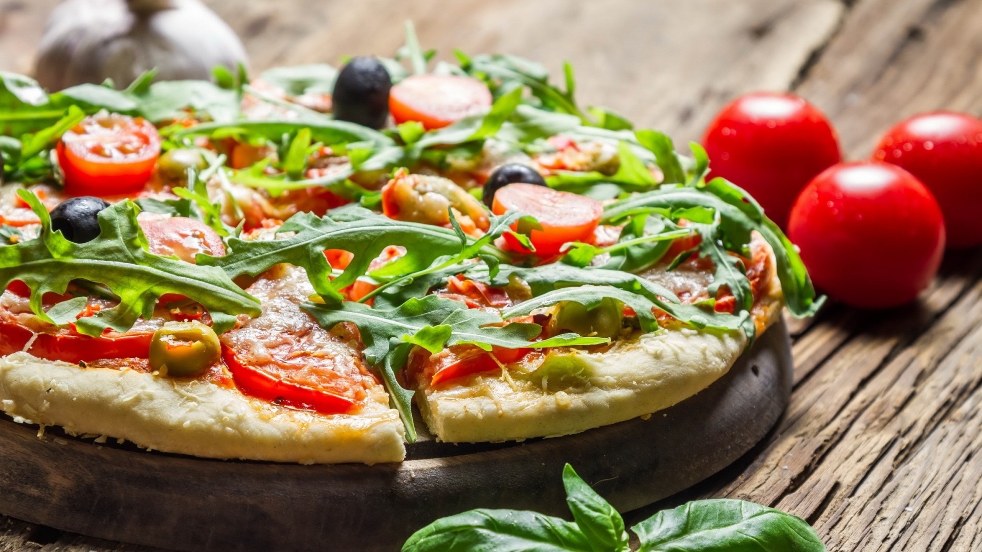 Pizza, Rucola, Pomodorini, Olive, Full HD 1080p, sfondo desktop