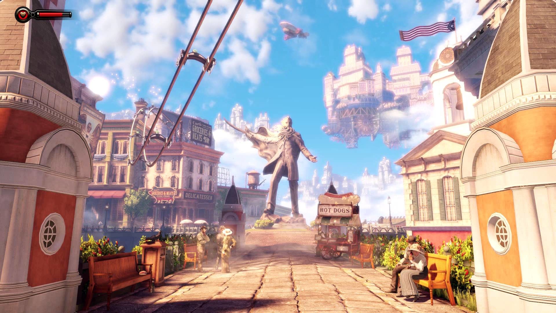 Columbia, BioShock Infinite, Città volante, Statua, Cielo azzurro, sfondo 16:9 Full HD