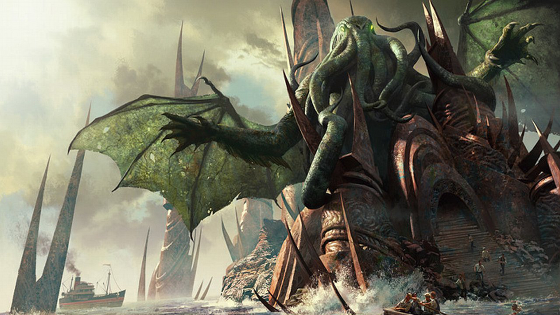 Cthulhu, R'lyeh, Ali, Mare, Full HD, sfondo per PC e portatile