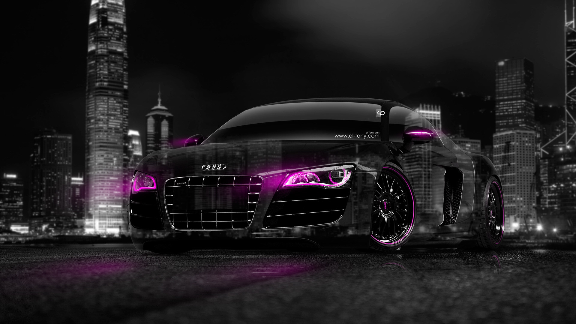 Audi R8, Audi, Città notturna, Viola, Full HD, sfondo desktop