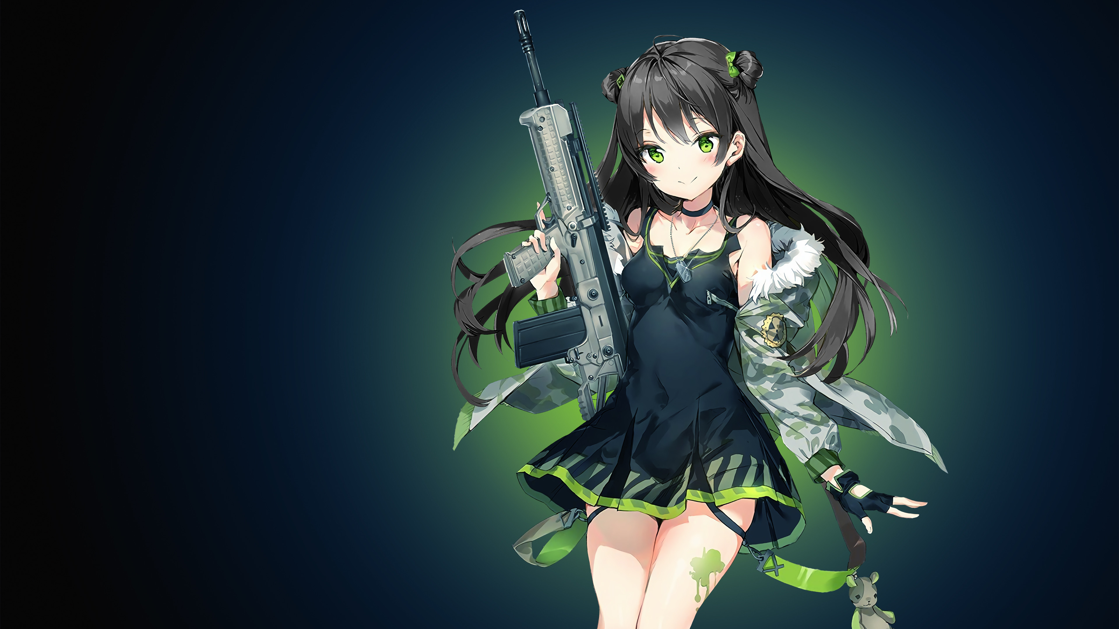 Ragazza anime, Fucile, Capelli neri, Sfondo verde scuro, 4K, wallpaper per PC