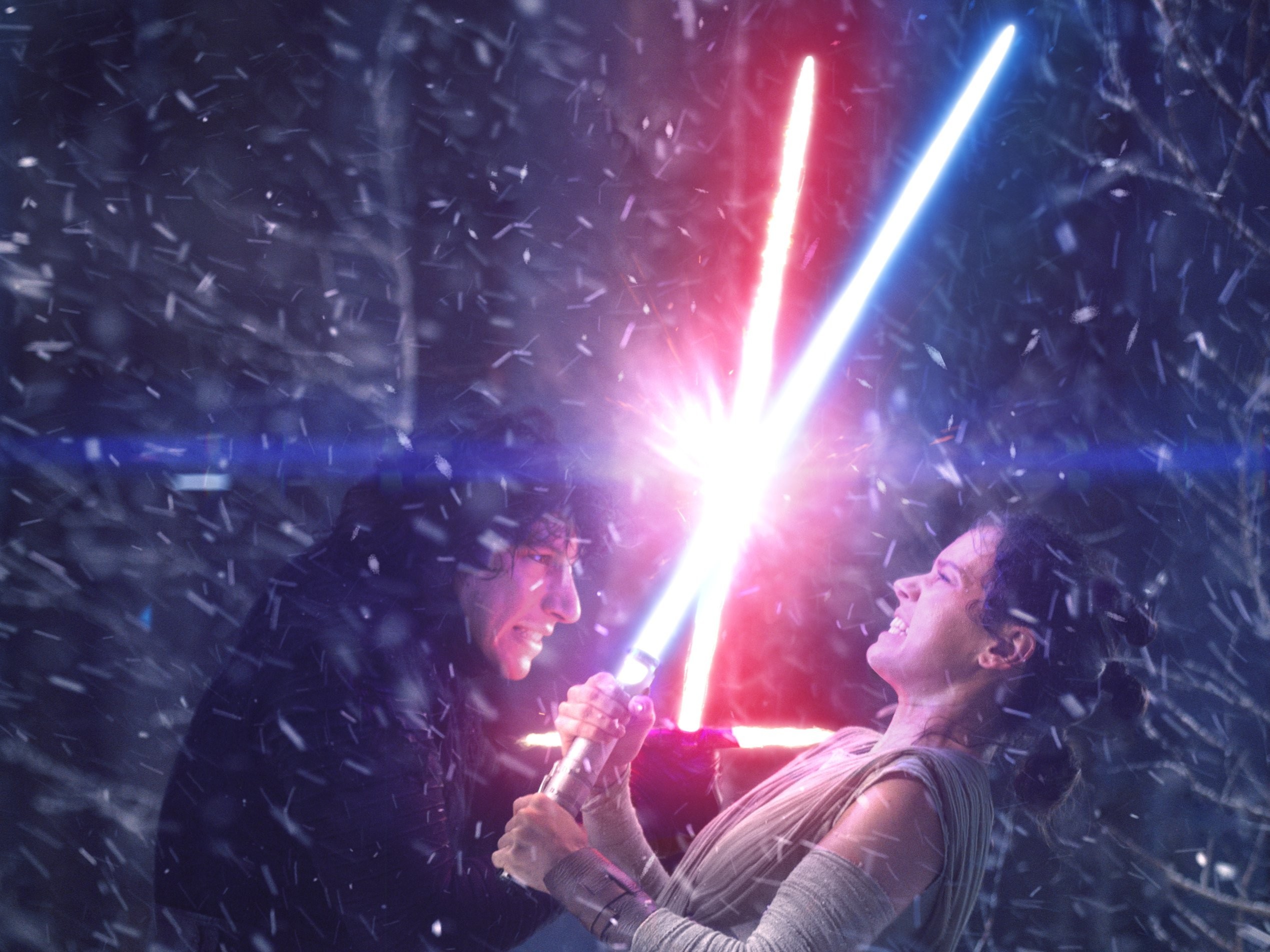 Kylo Ren, Rey, Star Wars: Il risveglio della Forza, Spade laser, Duello, Neve, Foresta, wallpaper tablet
