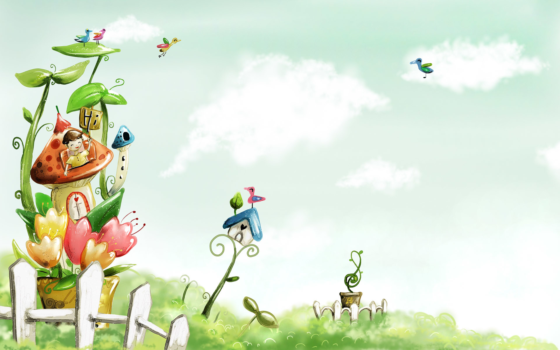 Casetta fiabesca, Uccellini, Prato, Illustrazione, Full HD, sfondo desktop
