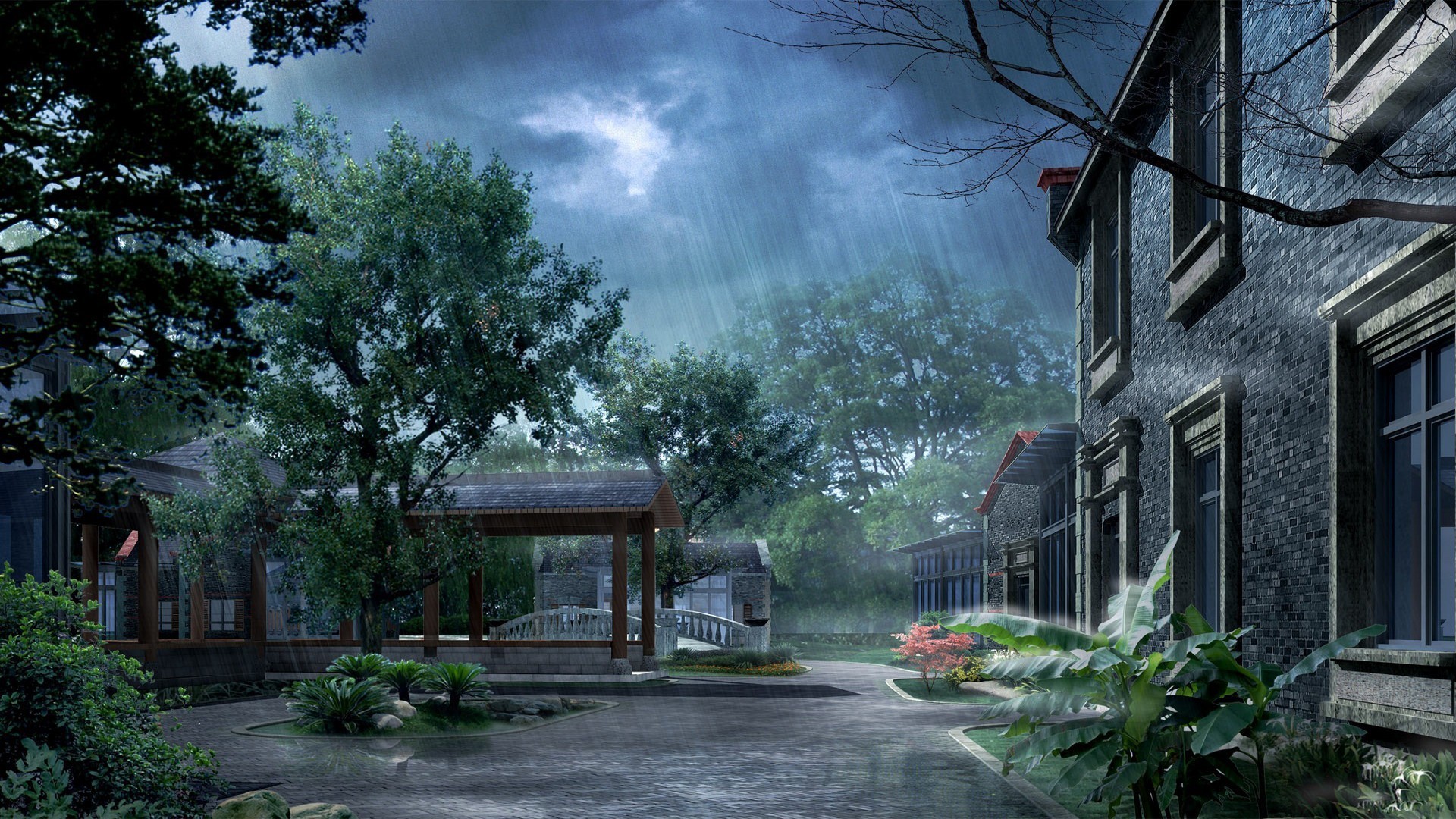 Pioggia, Cortile, Alberi, Rendering 3D, Full HD 1080p, sfondo desktop