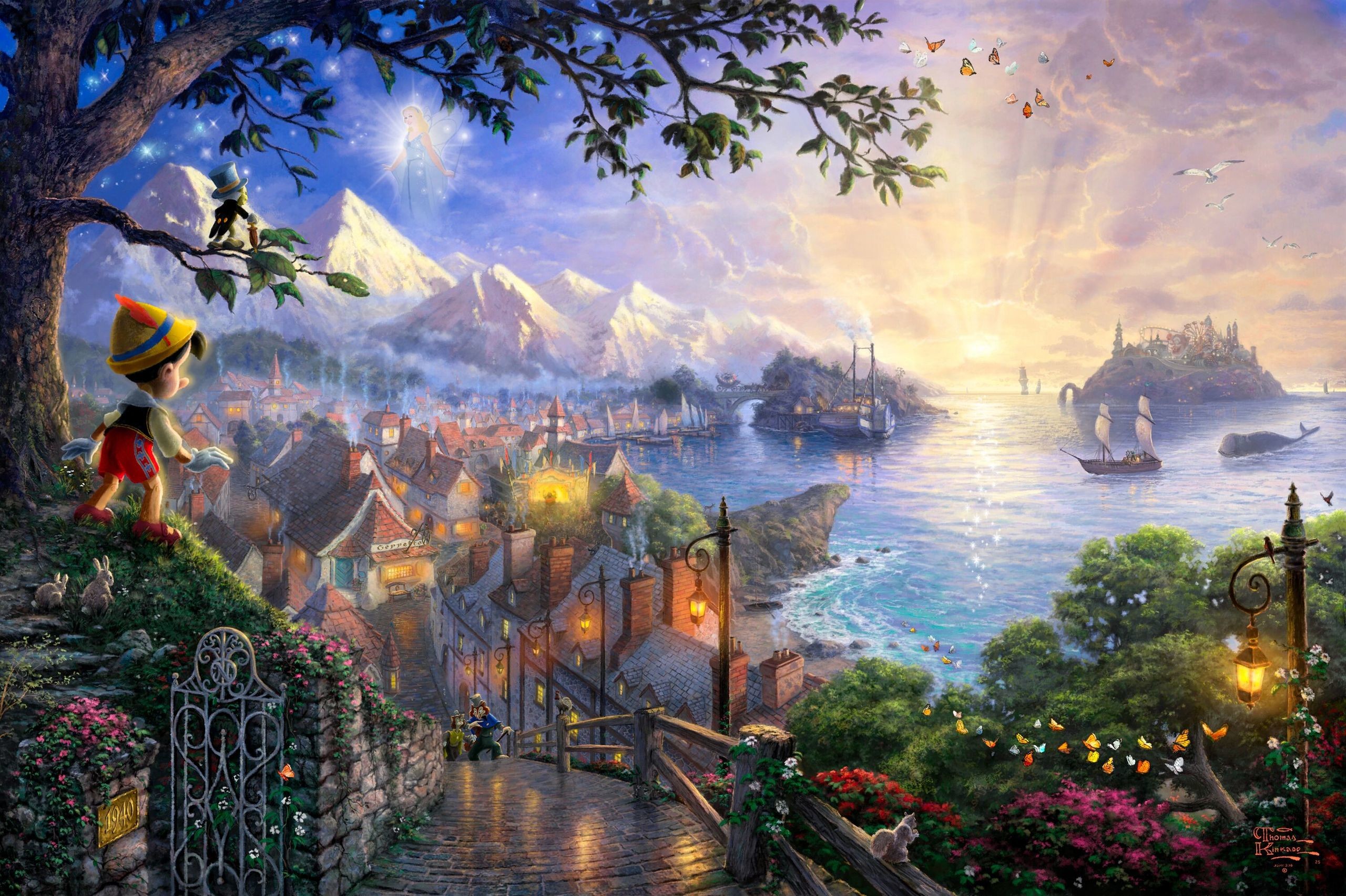 Pinocchio, Thomas Kinkade, Villaggio, Porto, Pittura, 2K, wallpaper per PC