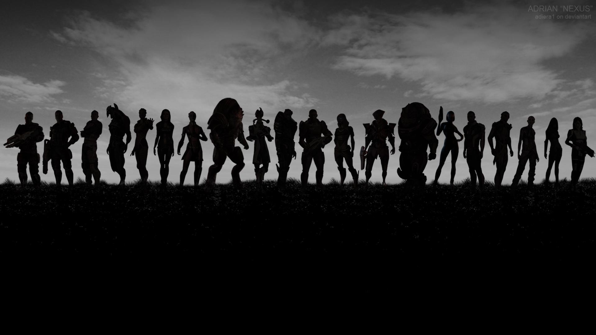 Mass Effect, Squadra, Silhouette, Bianco e nero, 1920x1080, sfondo per PC