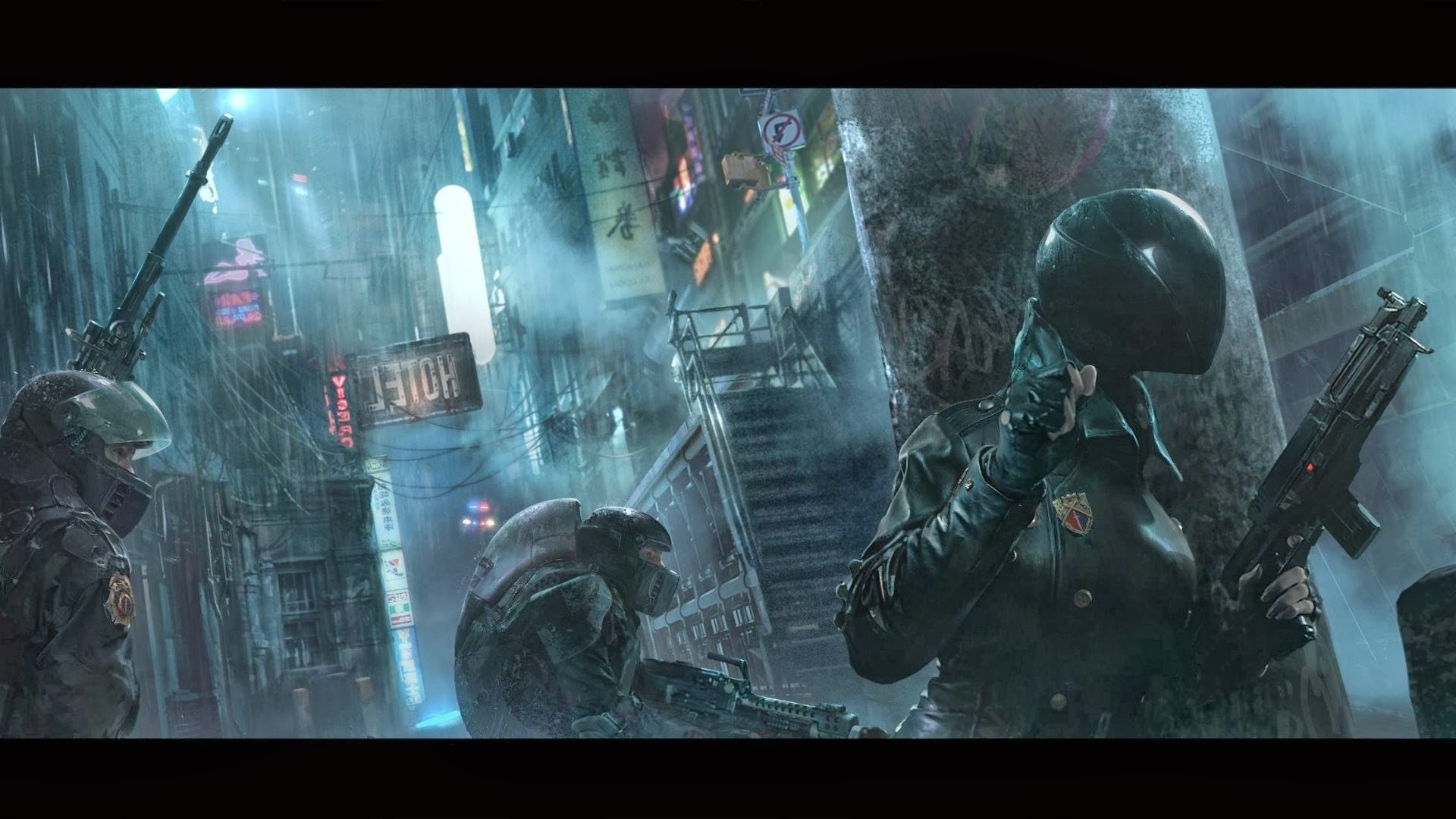Soldati, Città cyberpunk, Pioggia, Armi, Full HD, sfondo per PC