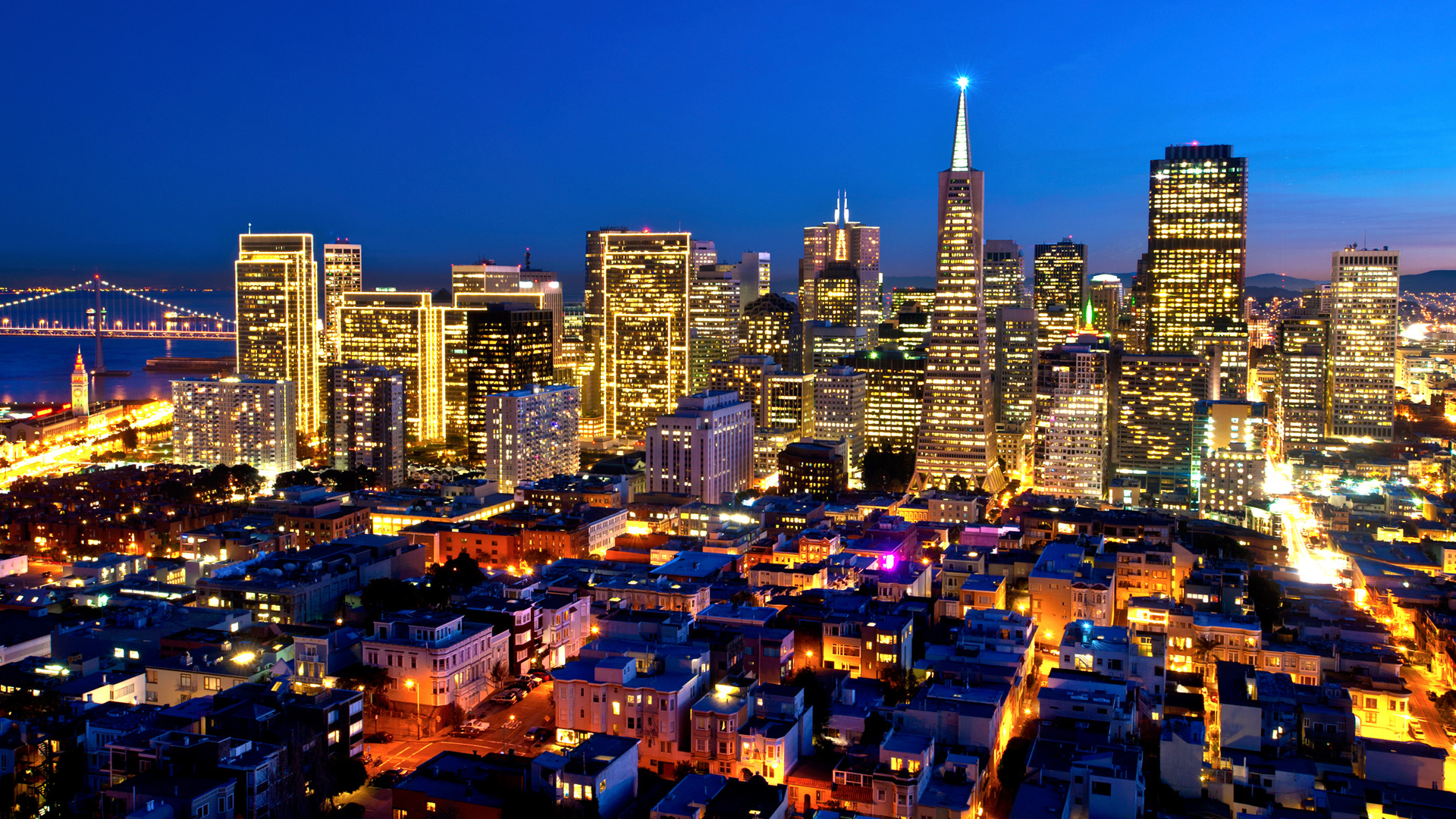 San Francisco, Skyline, Transamerica Pyramid, Notte, 16:9 Full HD, sfondo widescreen