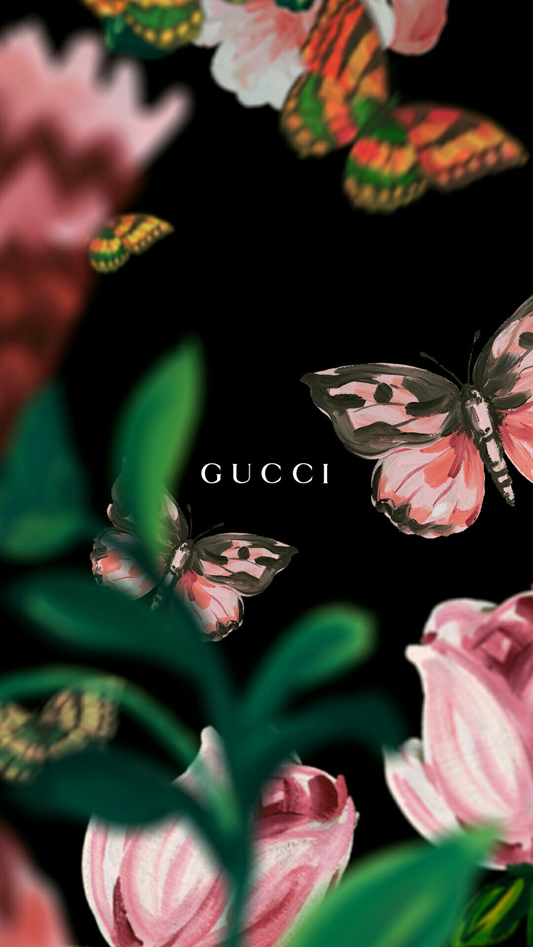 Gucci, Farfalle, Rose, Motivo floreale, Full HD, sfondo per iPhone e Android