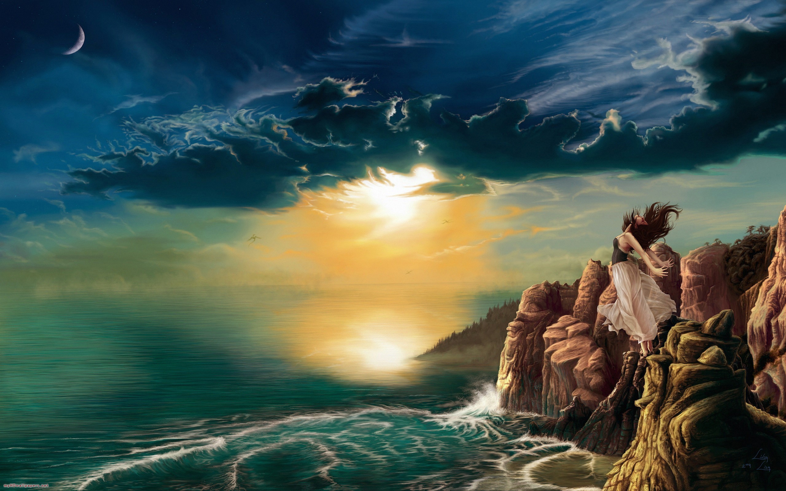 Arte surreale, Mare in tempesta, Scogliera, Nuvole, 16:10 2K, sfondo widescreen
