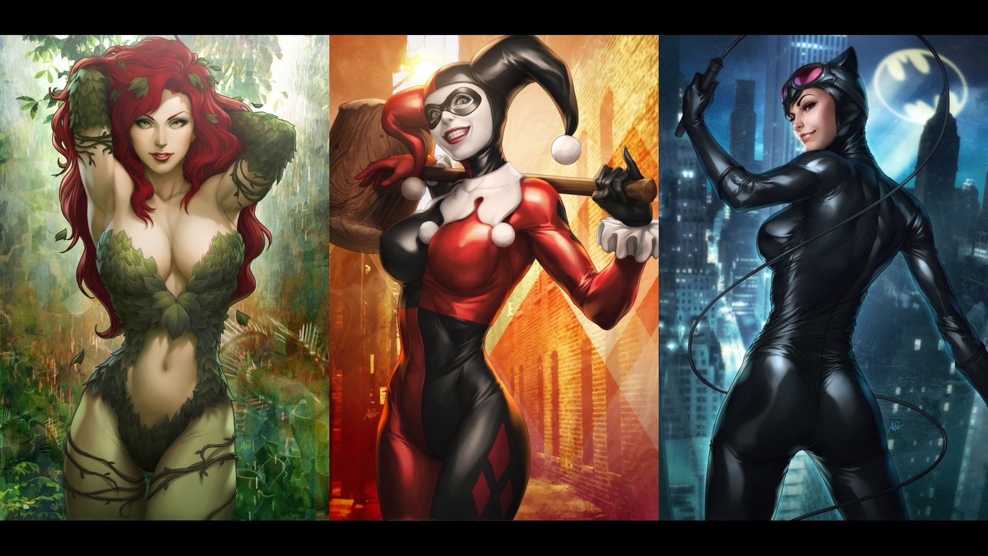 Harley Quinn, Poison Ivy, Catwoman, Gotham City Sirens, DC Comics, sfondo 16:9 Full HD