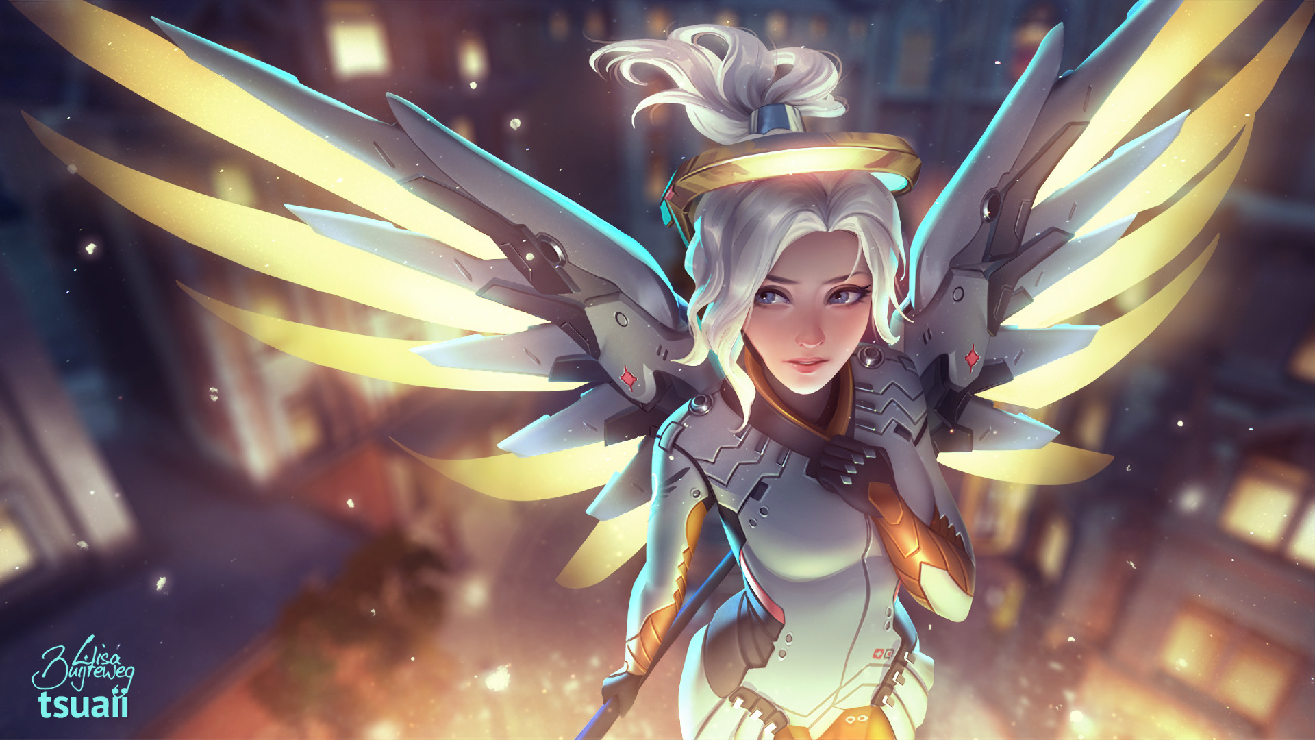 Mercy, Overwatch, Ali, Aureola, Fan art, Full HD, sfondo Windows 11