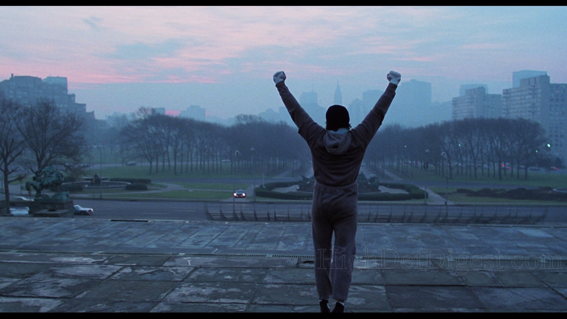 Rocky Balboa, Rocky Steps, Filadelfia, Braccia alzate, Alba, Full HD, wallpaper desktop