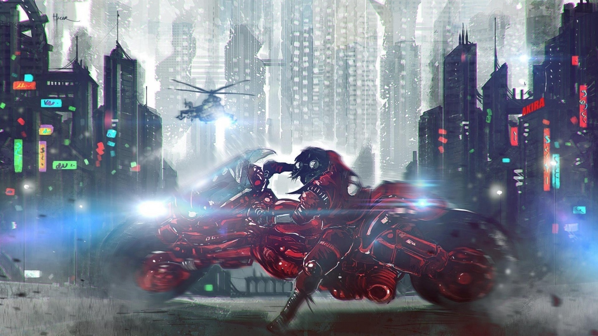 Akira, Moto rossa, Cyberpunk, Città, Full HD, sfondo per PC e portatile