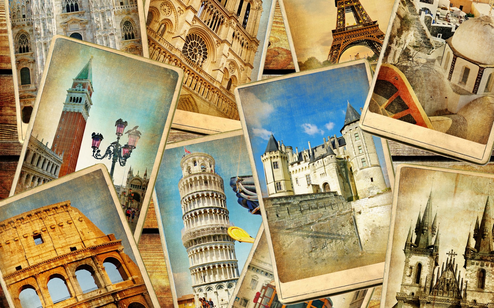 Cartoline vintage, Colosseo, Torre di Pisa, Venezia, Collage, 1920x1200, immagine di sfondo