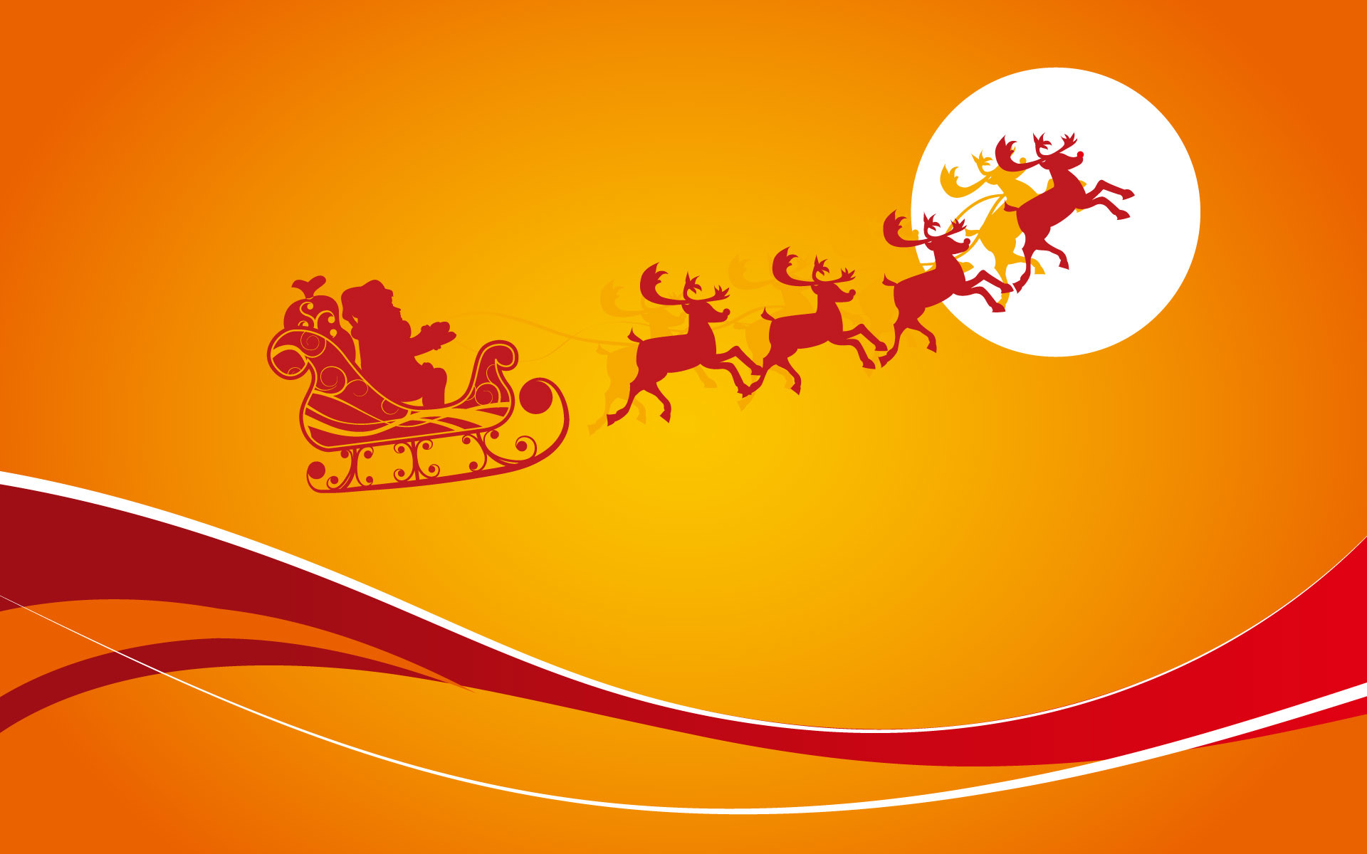 Babbo Natale, Slitta, Renne, Luna, Sfondo arancione, Full HD, wallpaper per portatile