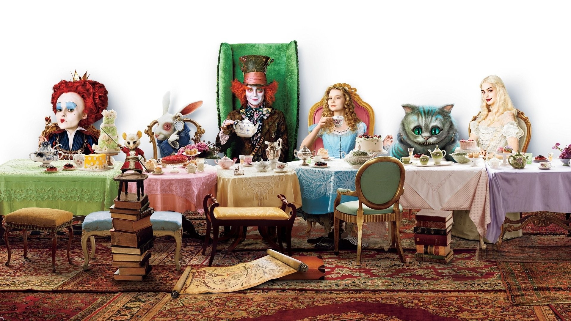 Tea party, Cappellaio Matto, Regina Rossa, Stregatto, Regina Bianca, Alice in Wonderland (2010), sfondo Full HD