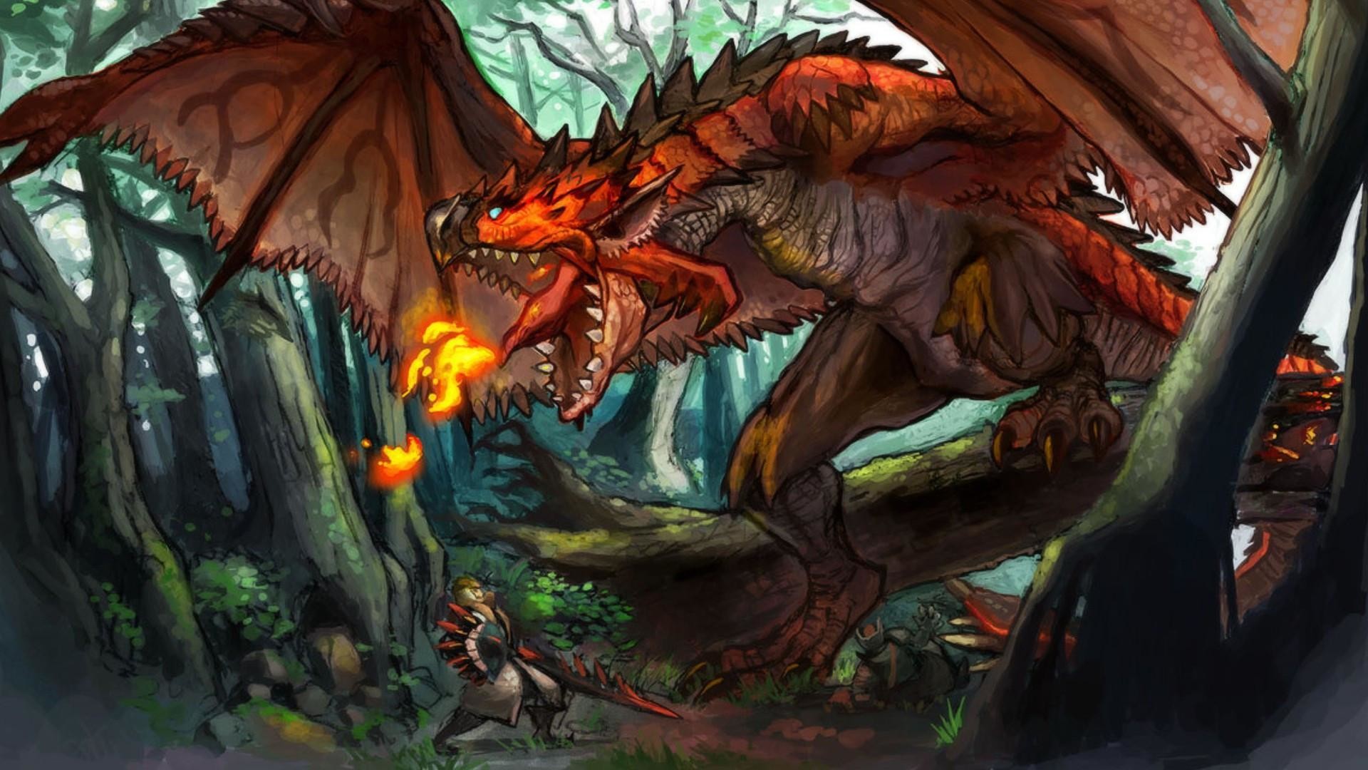 Rathalos, Monster Hunter, Foresta, Fuoco, Full HD 1080p, sfondo desktop