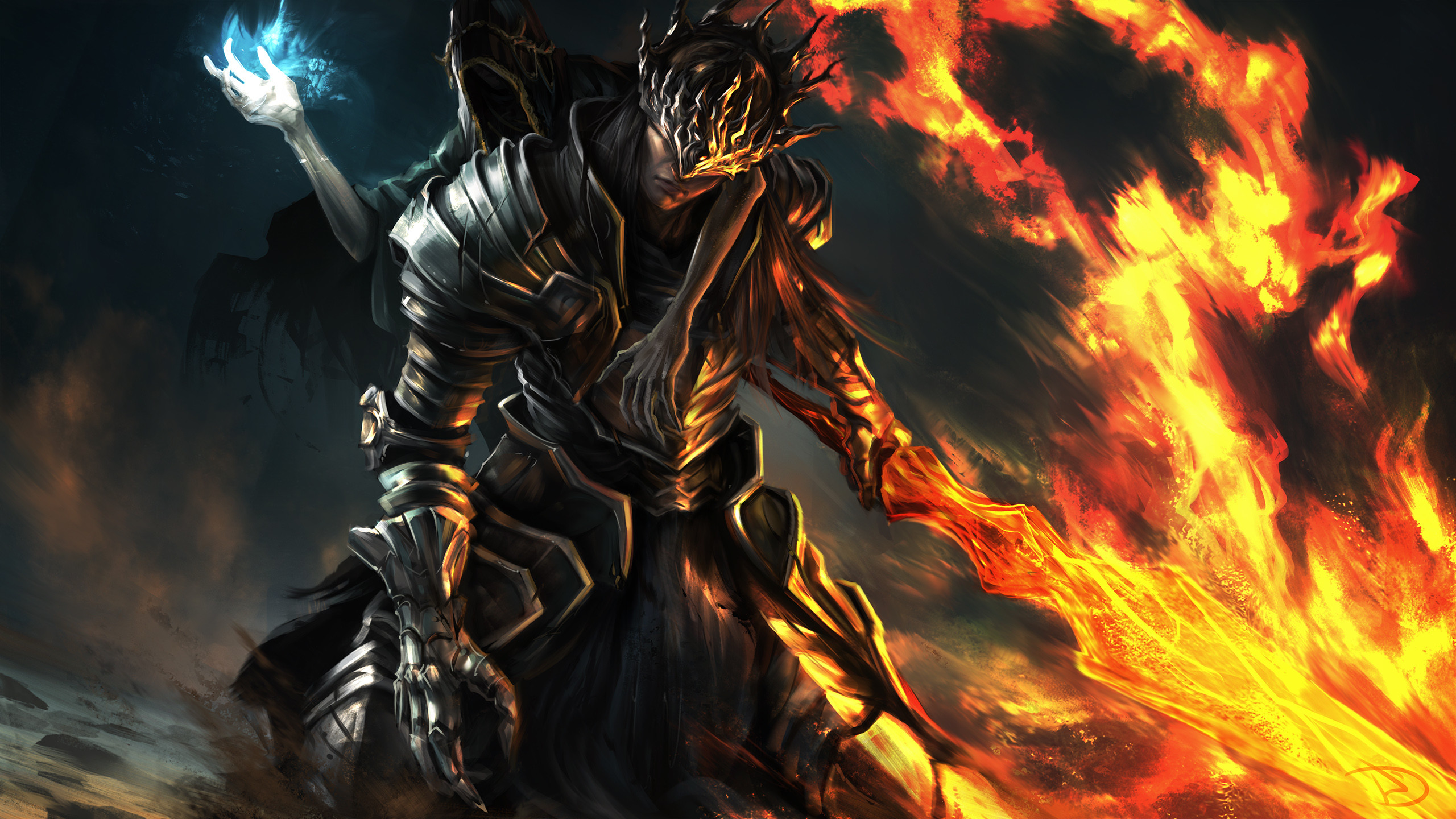 Dark Souls III, Cavaliere, Spada di fuoco, Fiamme, 2K, sfondo Windows 11