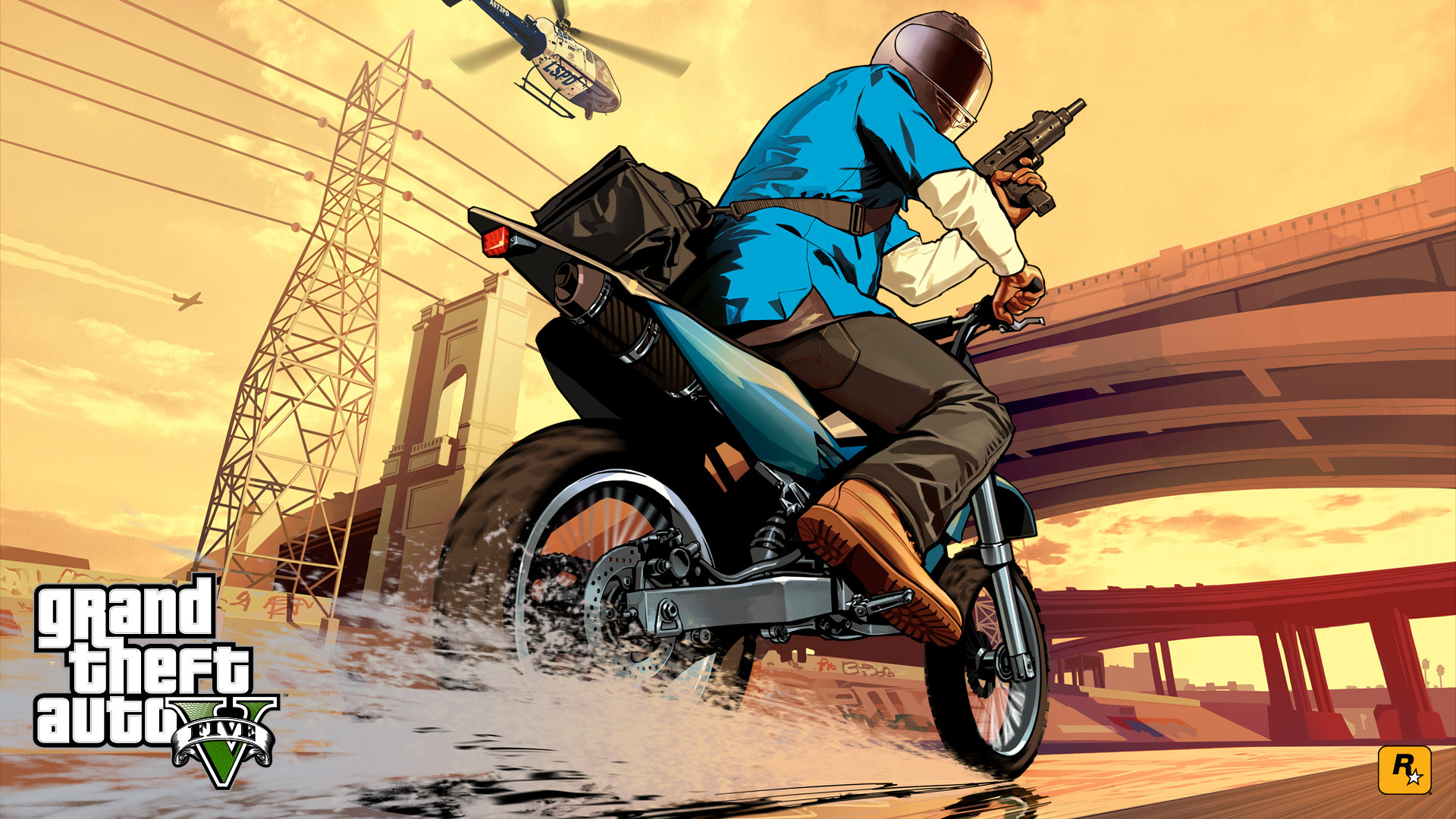 Grand Theft Auto V, Moto, Inseguimento, Elicottero, Illustrazione, wallpaper Windows 11