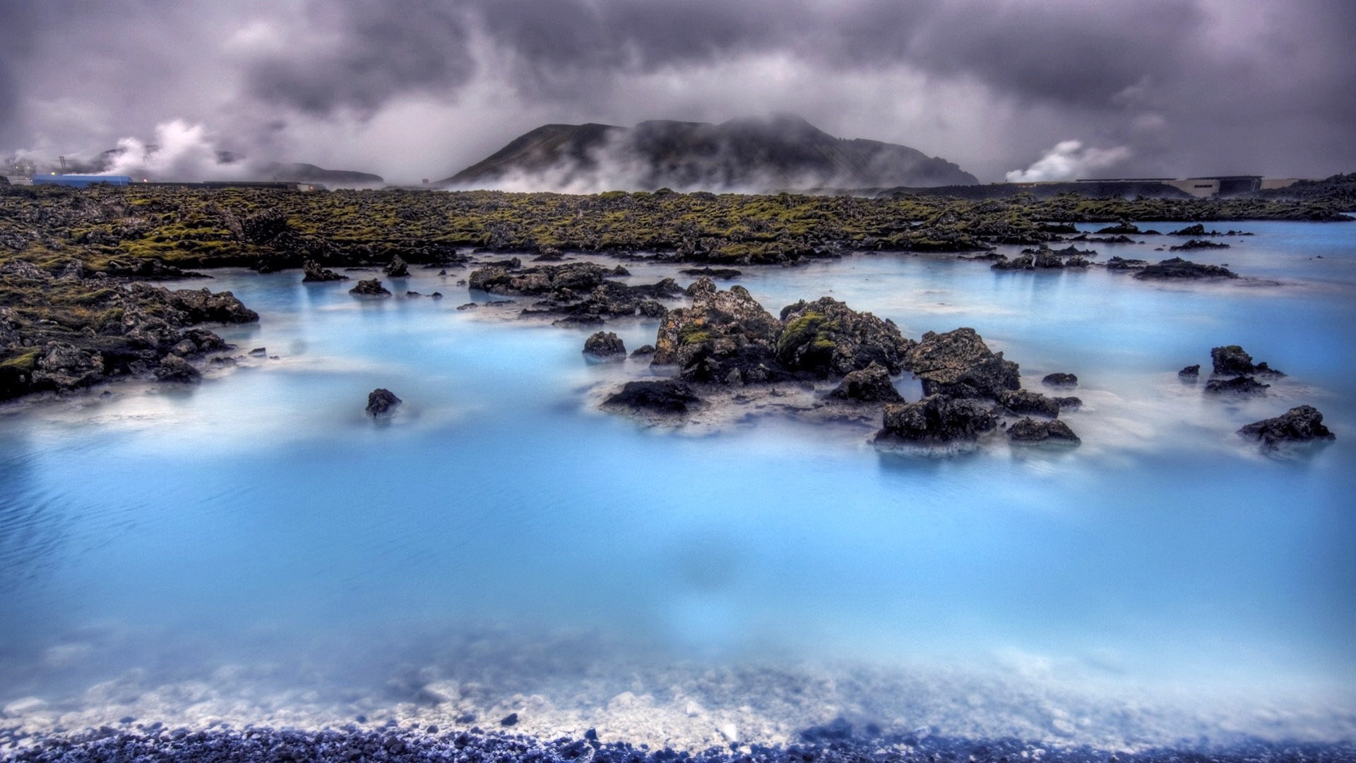 Laguna Blu, Islanda, Rocce laviche, Acqua azzurra, 16:9 Full HD, sfondo widescreen