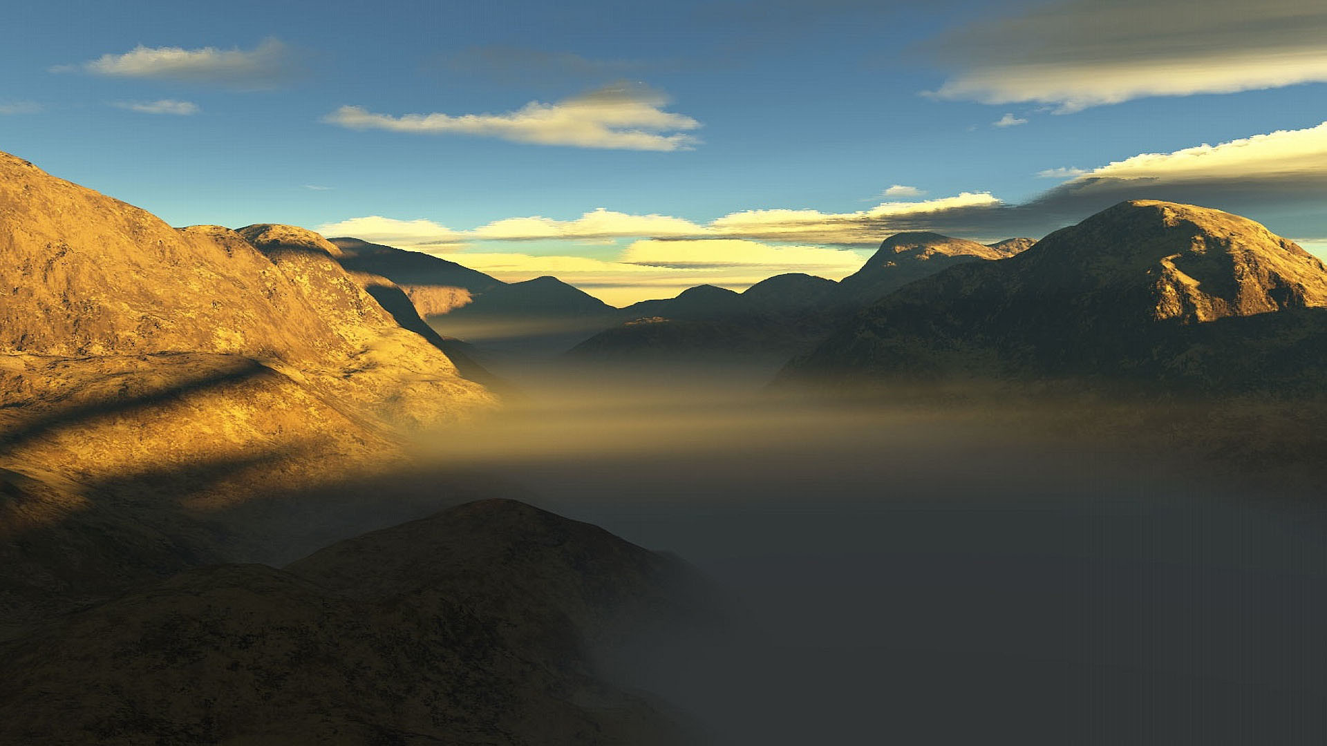 Montagne, Nebbia, Tramonto, Rendering 3D, 1920x1080, wallpaper desktop