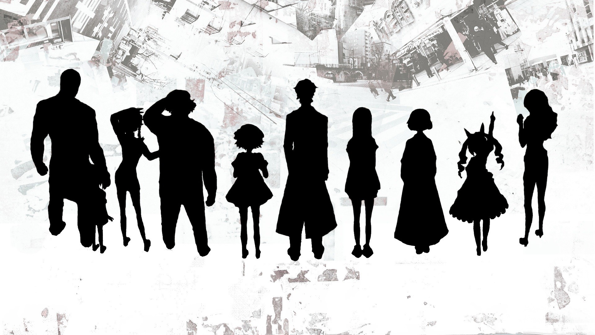Steins;Gate, Laboratory Members, Silhouette, Sfondo bianco, 1920x1080, wallpaper desktop