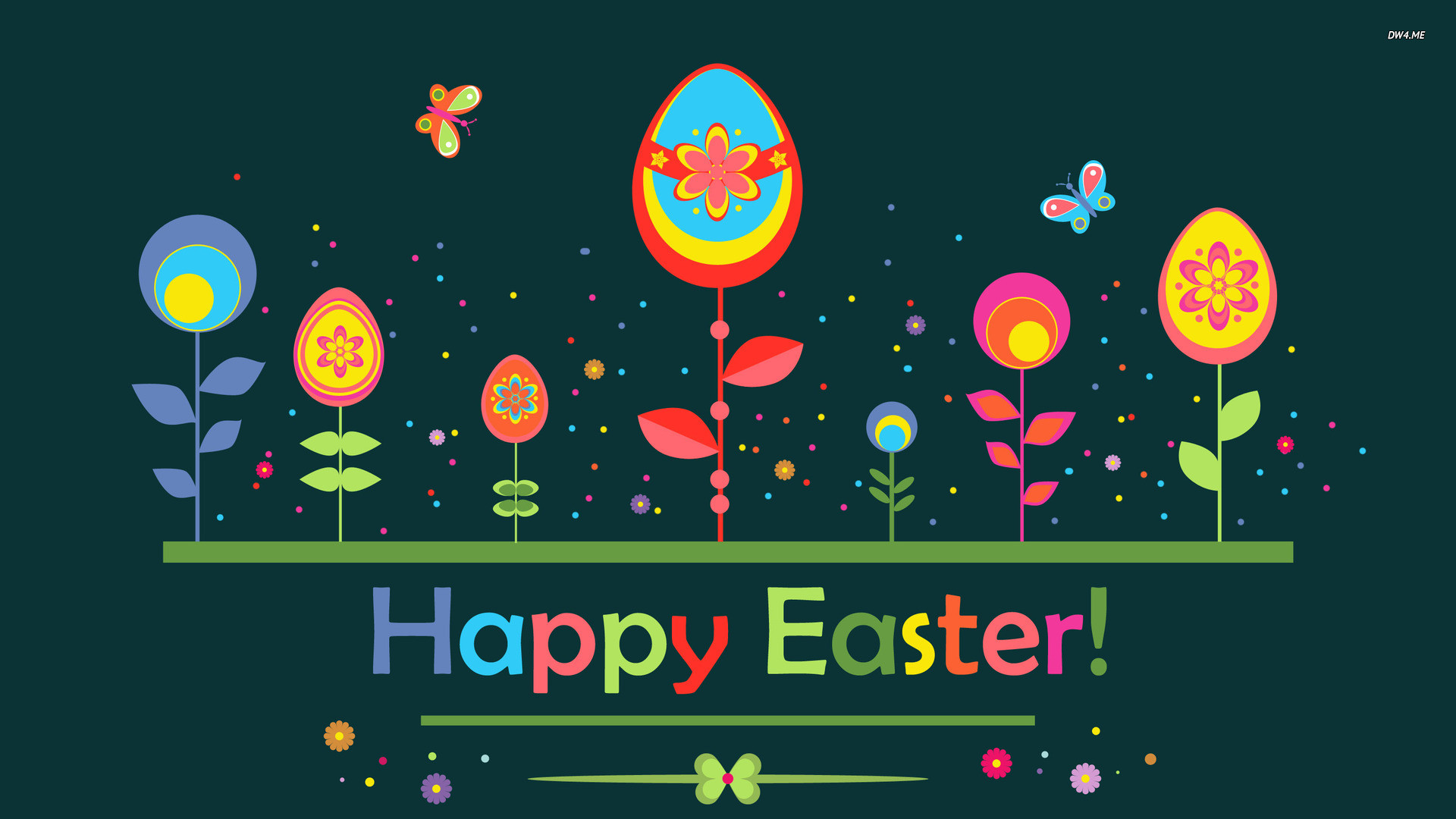 Buona Pasqua, Uova di Pasqua, Illustrazione, Fiori stilizzati, Sfondo scuro, wallpaper Full HD