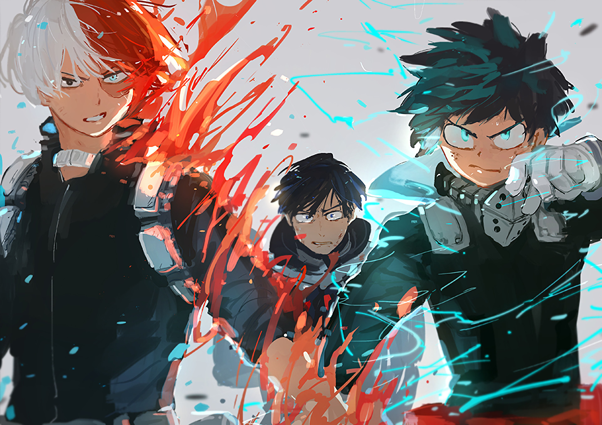 Shoto Todoroki, Izuku Midoriya, Tenya Iida, My Hero Academia, Ghiaccio e fuoco, sfondo Full HD
