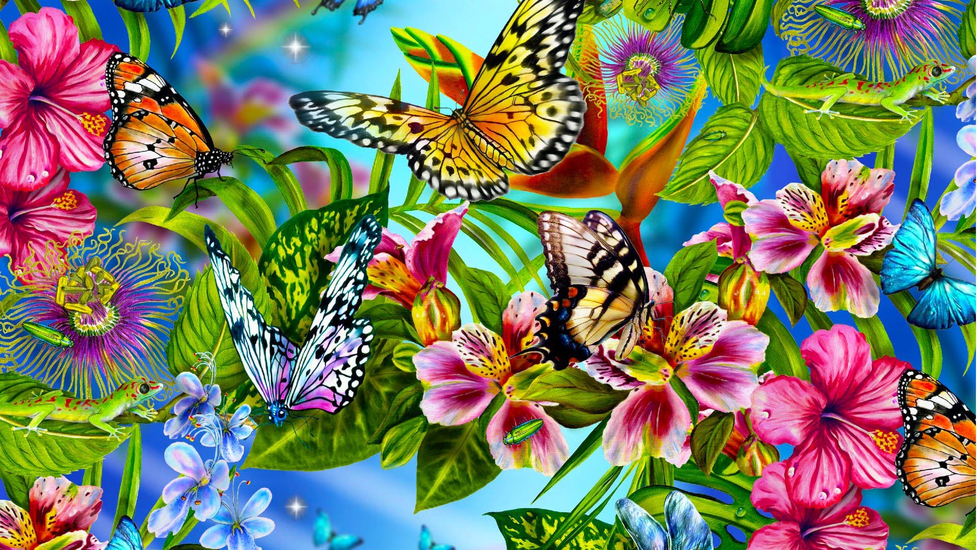 Farfalle, Fiori tropicali, Illustrazione, Colori vivaci, Full HD, wallpaper per PC