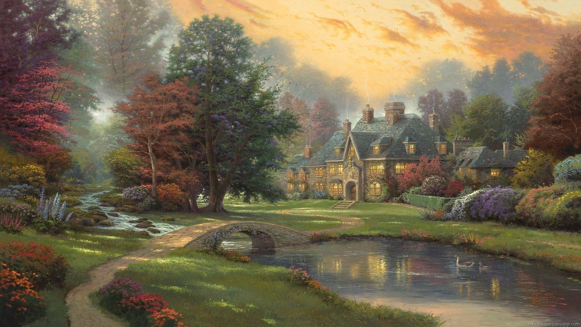 Thomas Kinkade, Cottage, Giardino, Ponte di pietra, Pittura, Full HD, sfondo per portatile