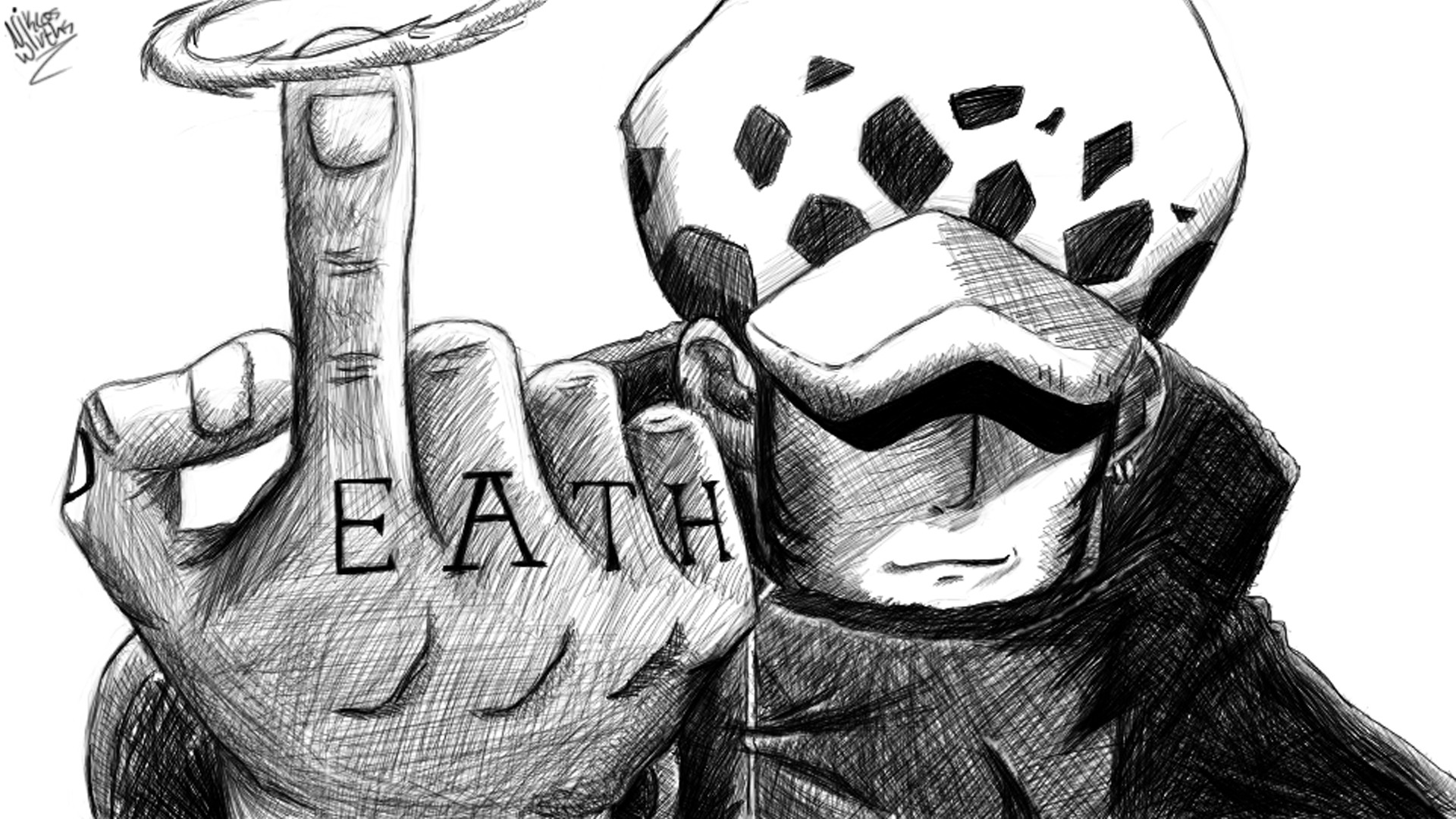 Trafalgar Law, Tatuaggio Death, Schizzo a matita, Bianco e nero, sfondo desktop 1920x1080