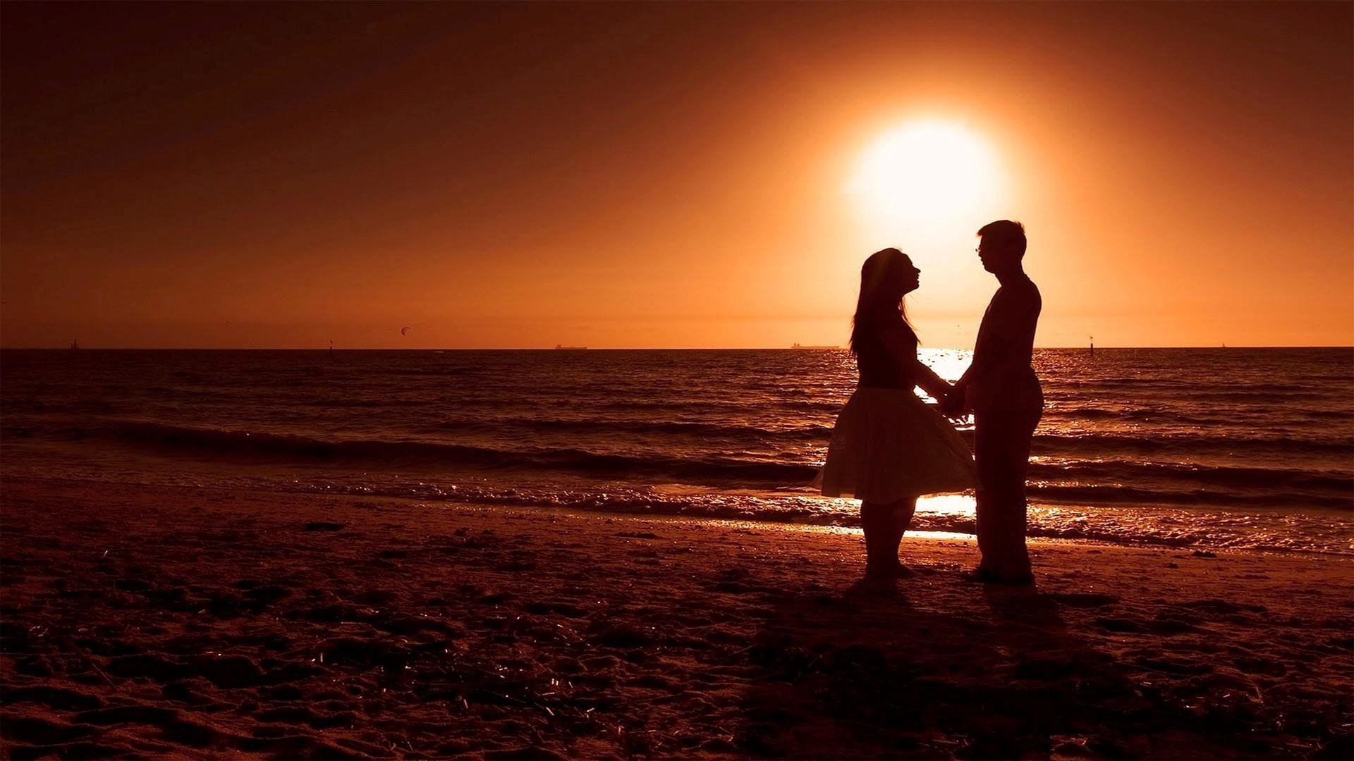 Coppia, Silhouette, Tramonto, Spiaggia, 1920x1080, immagine di sfondo