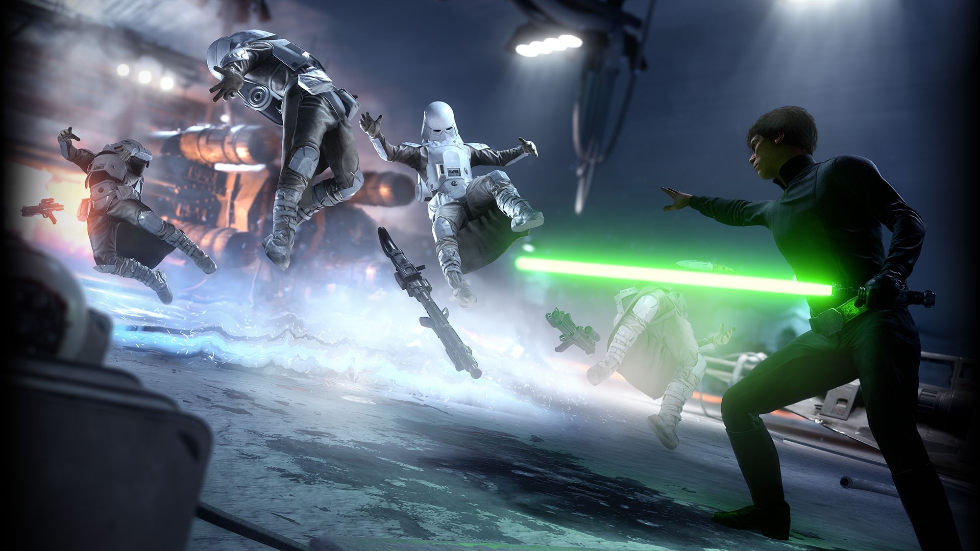 Star Wars Battlefront, Luke Skywalker, Spada laser verde, Stormtrooper, sfondo 16:9 Full HD