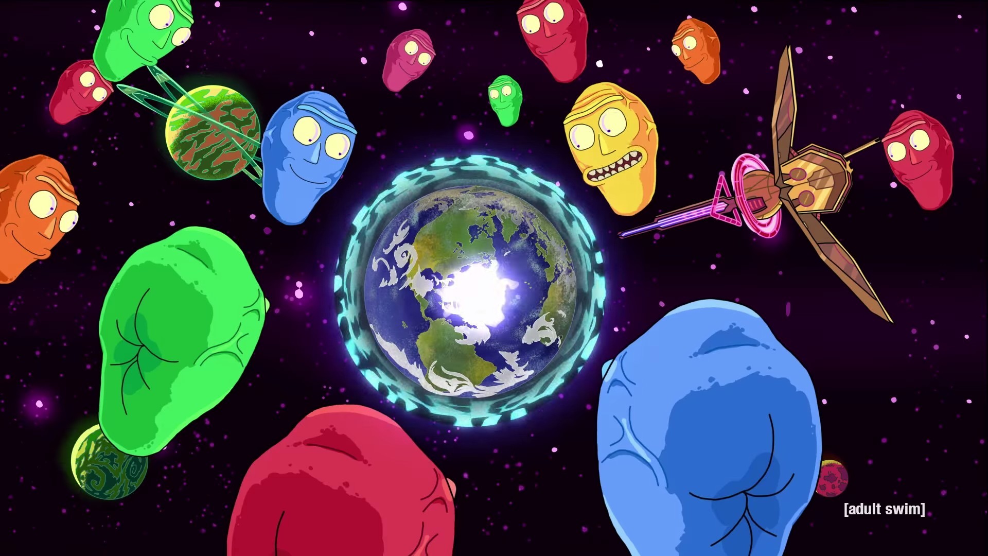 Rick and Morty, Teste giganti, Terra, Spazio, Full HD, sfondo per portatile