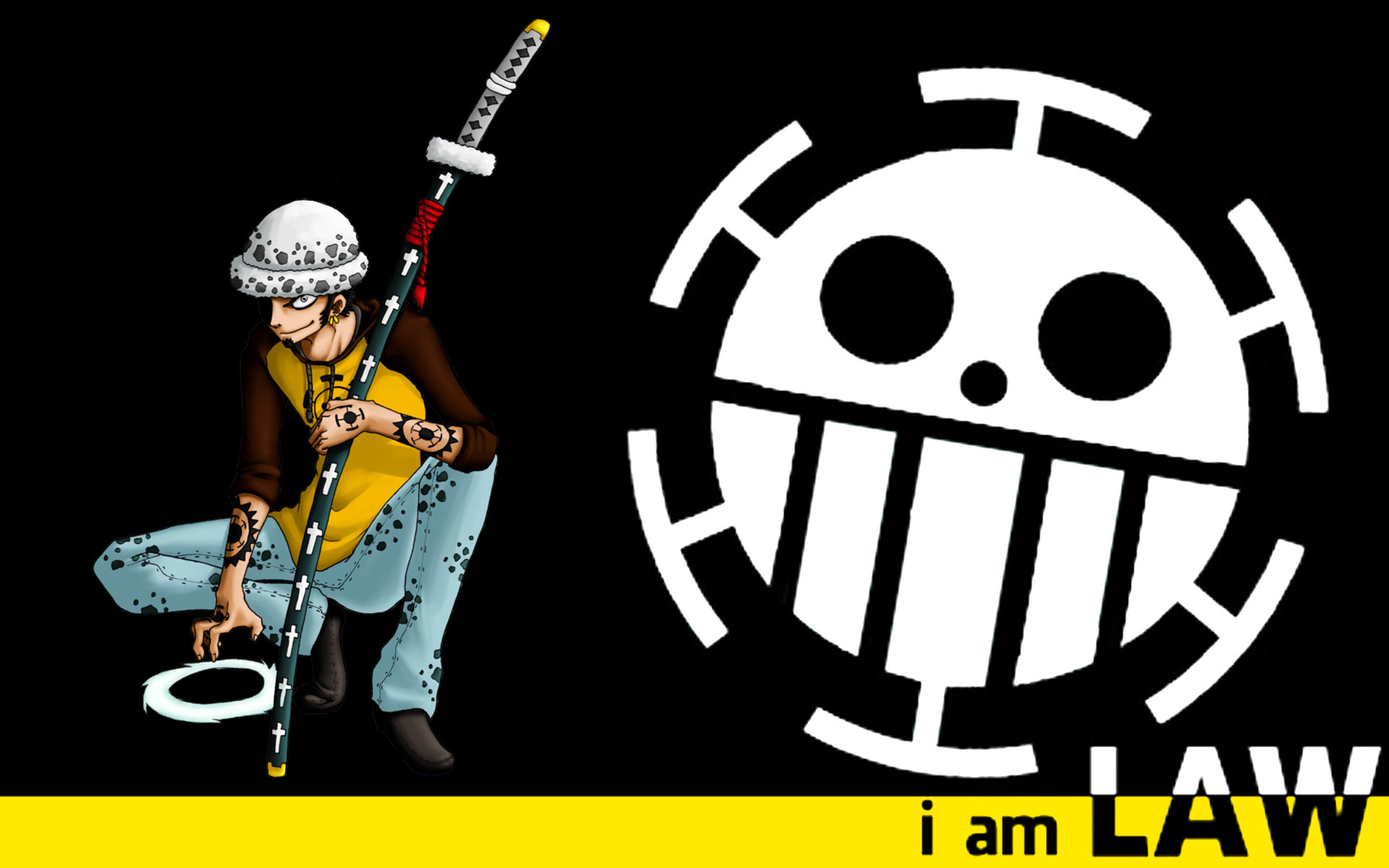 Trafalgar Law, Jolly Roger dei Pirati Heart, I am Law, Sfondo nero, wallpaper per portatile