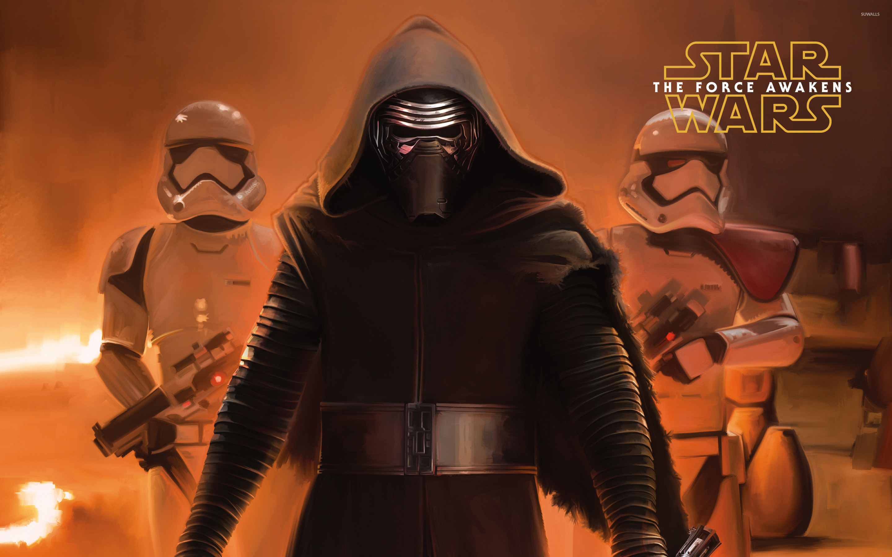 Kylo Ren, Stormtrooper, Star Wars: Il risveglio della Forza, Fuoco, sfondo widescreen 2K