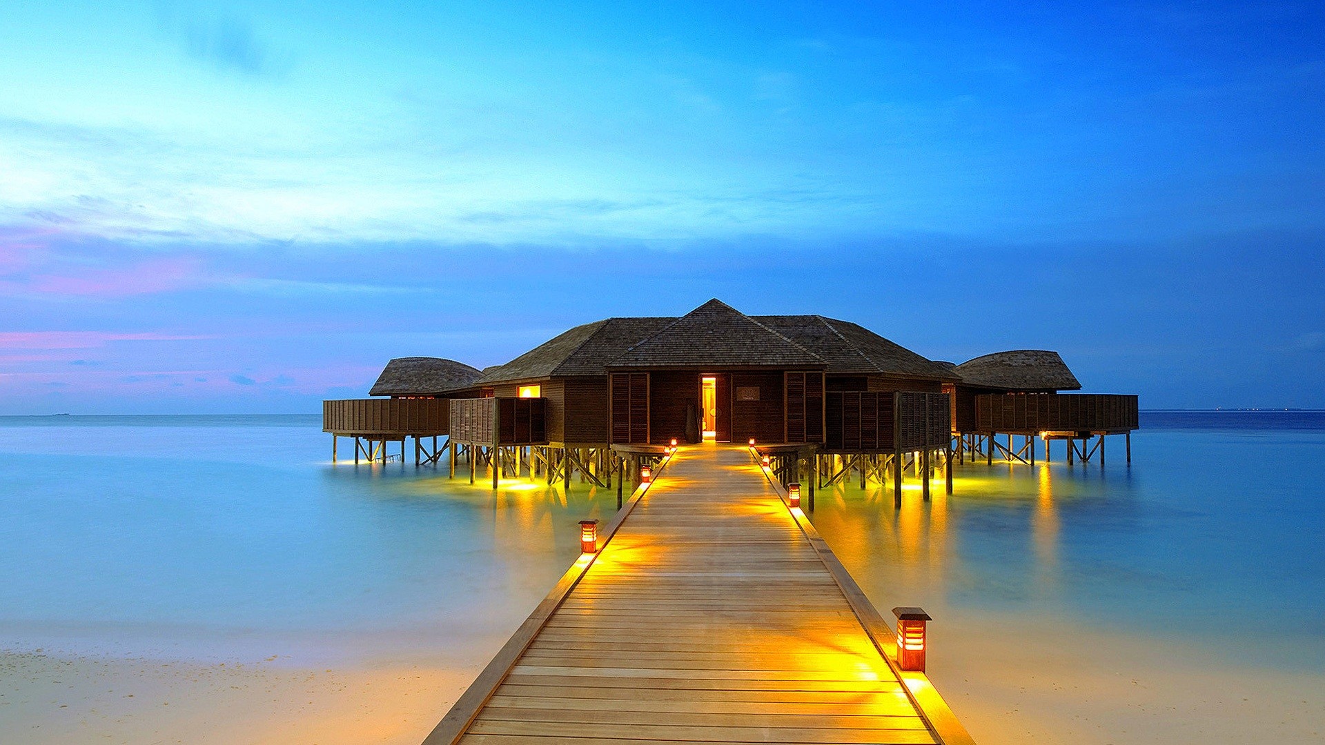 Maldive, Bungalow sull'acqua, Pontile, Crepuscolo, Full HD, sfondo per il tuo desktop