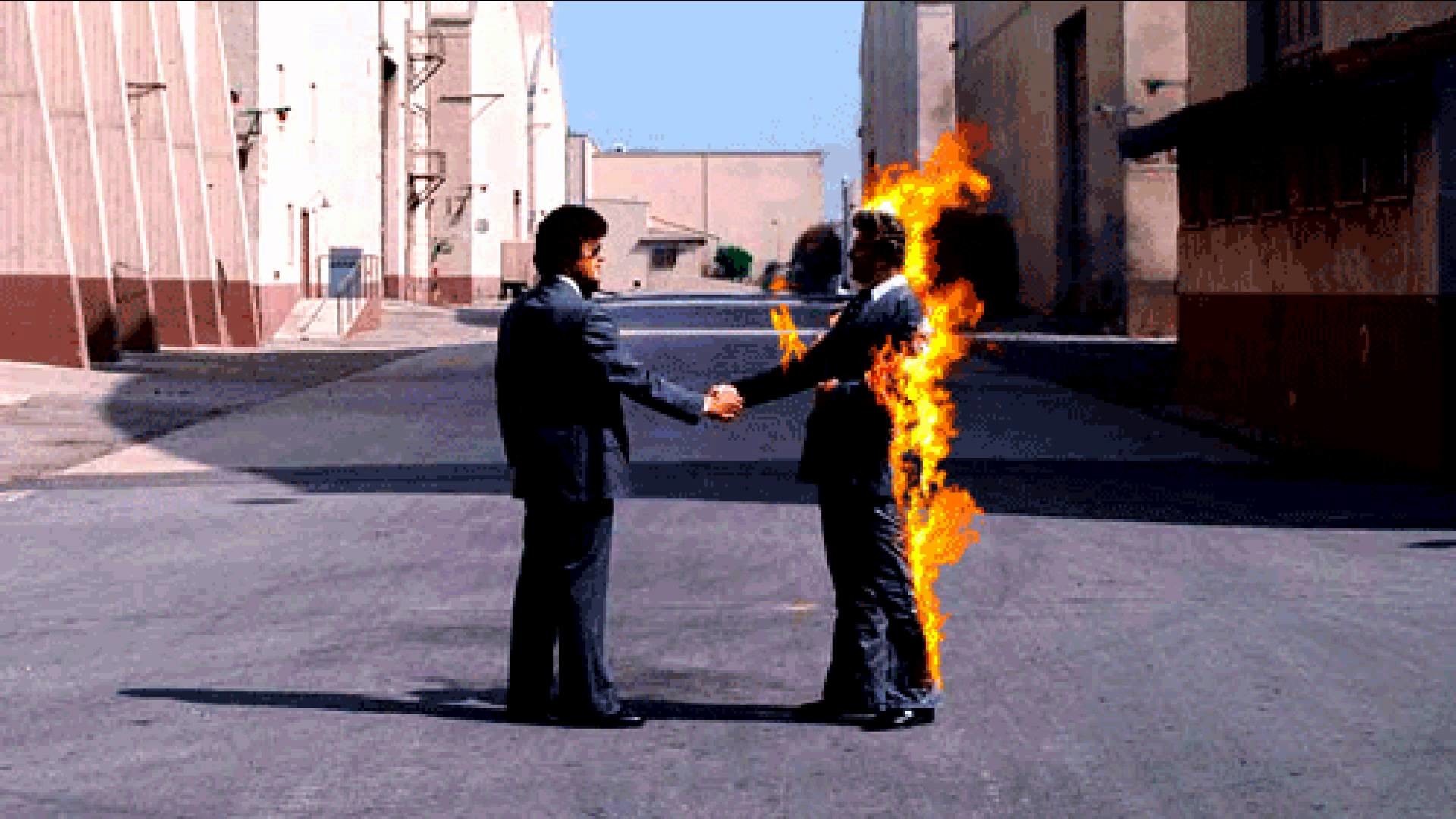 Pink Floyd, Wish You Were Here, Copertina album, Uomo in fiamme, Stretta di mano, sfondo 1080p