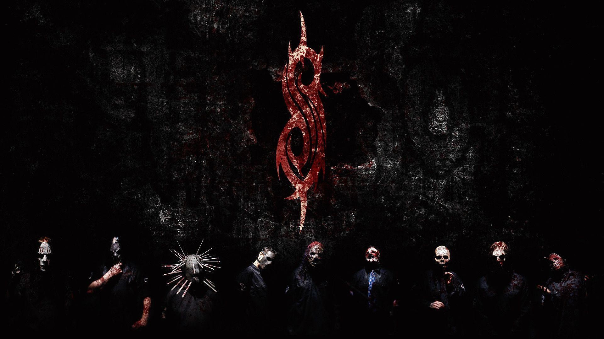 Slipknot, Logo S tribale, Membri della band, Sfondo scuro, 16:9 Full HD, wallpaper widescreen