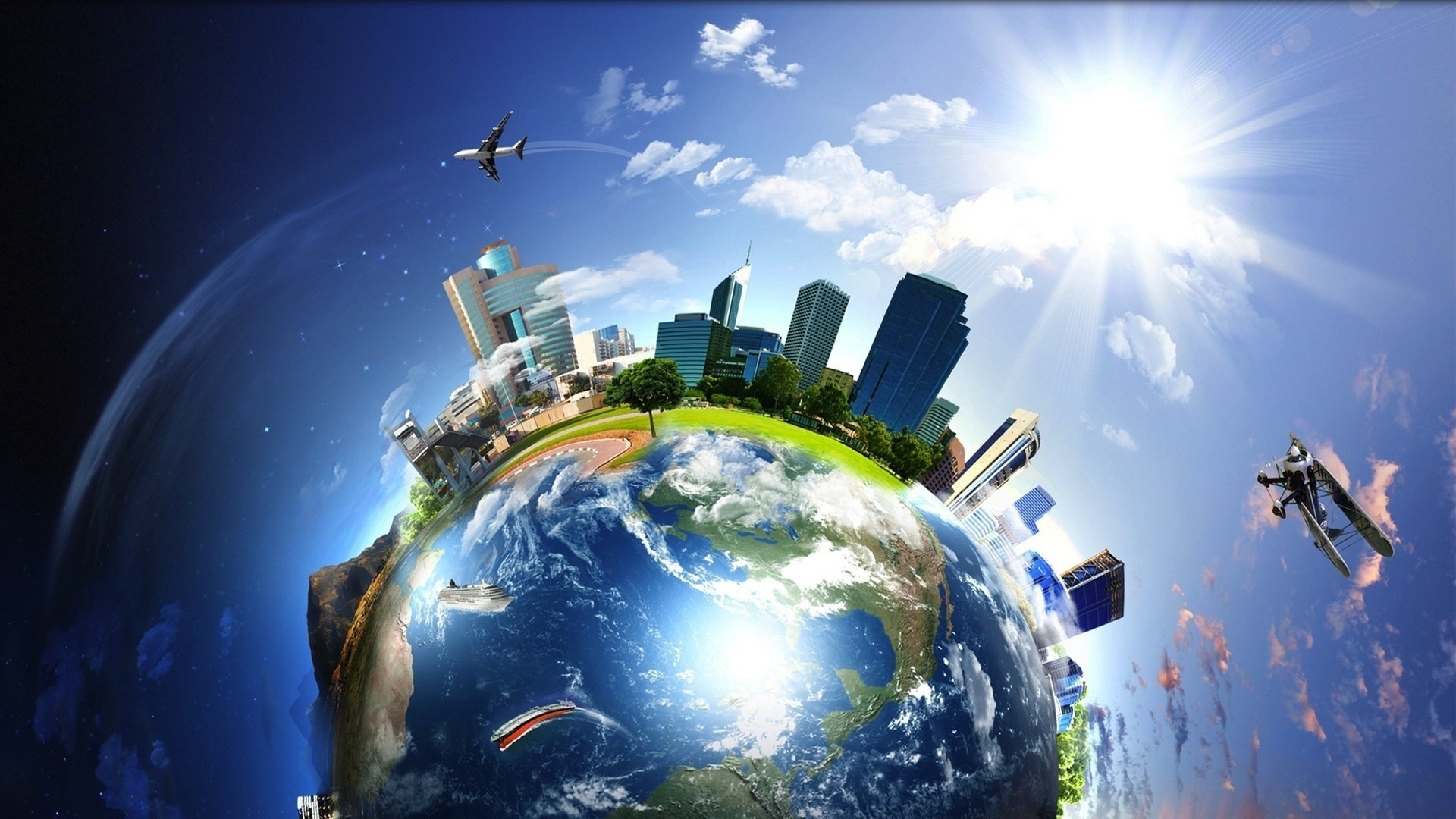 Pianeta Terra, Grattacieli, Aerei, Arte digitale, Sole, Full HD 1080p, sfondo desktop