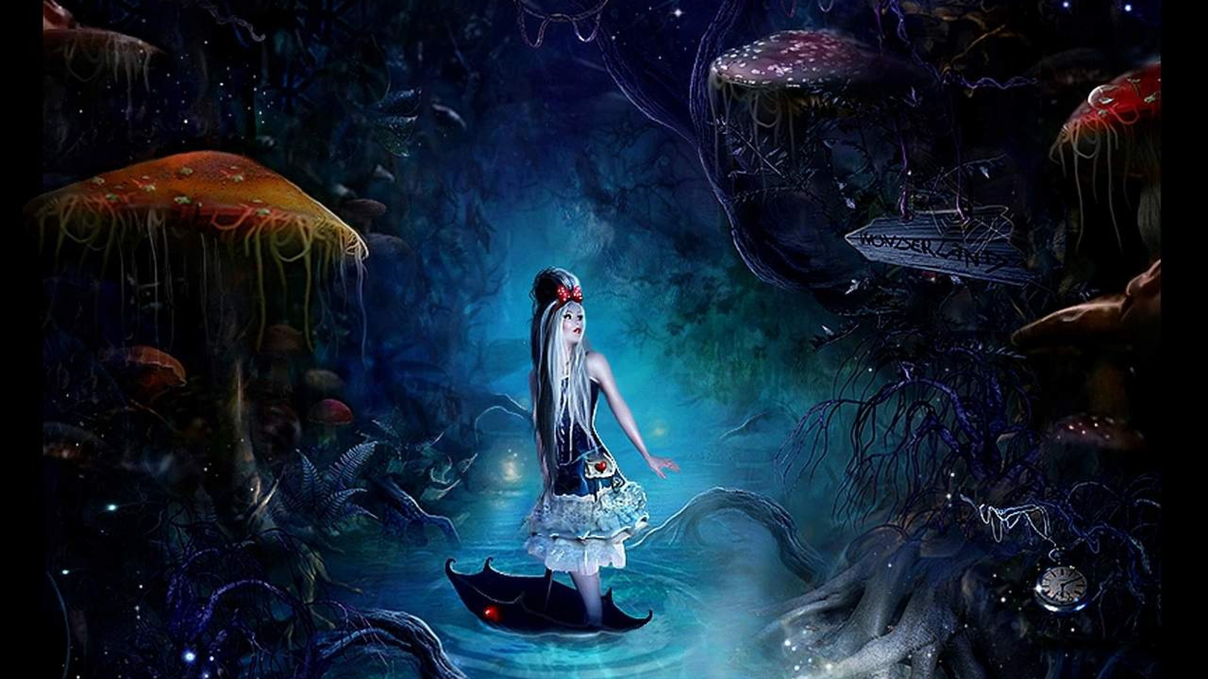 Alice, Alice nel Paese delle Meraviglie, Arte fantasy, Funghi, Blu, sfondo desktop 3840x2160