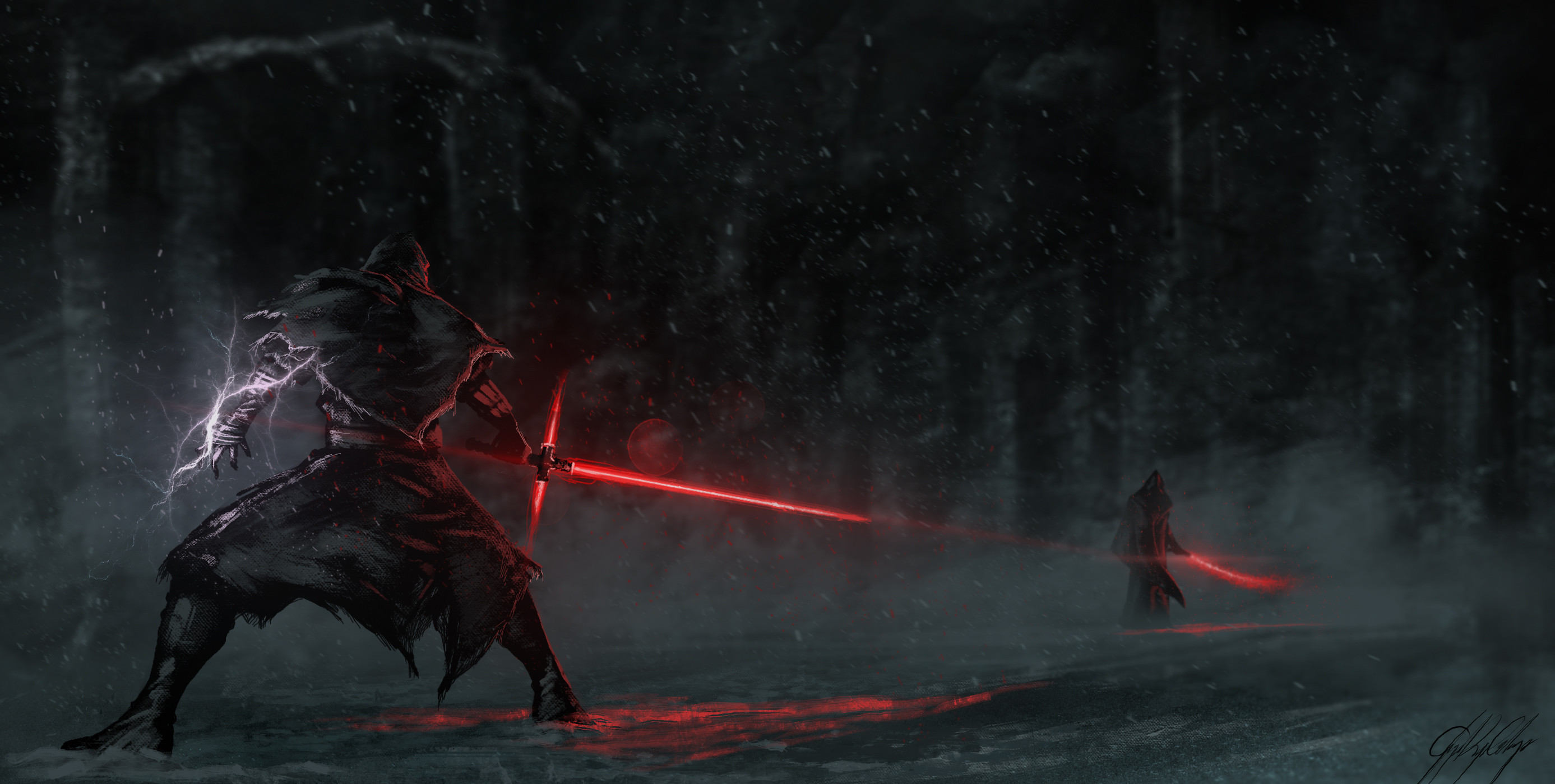 Kylo Ren, Rey, Duello, Foresta innevata, Star Wars: Il risveglio della Forza, wallpaper 2K