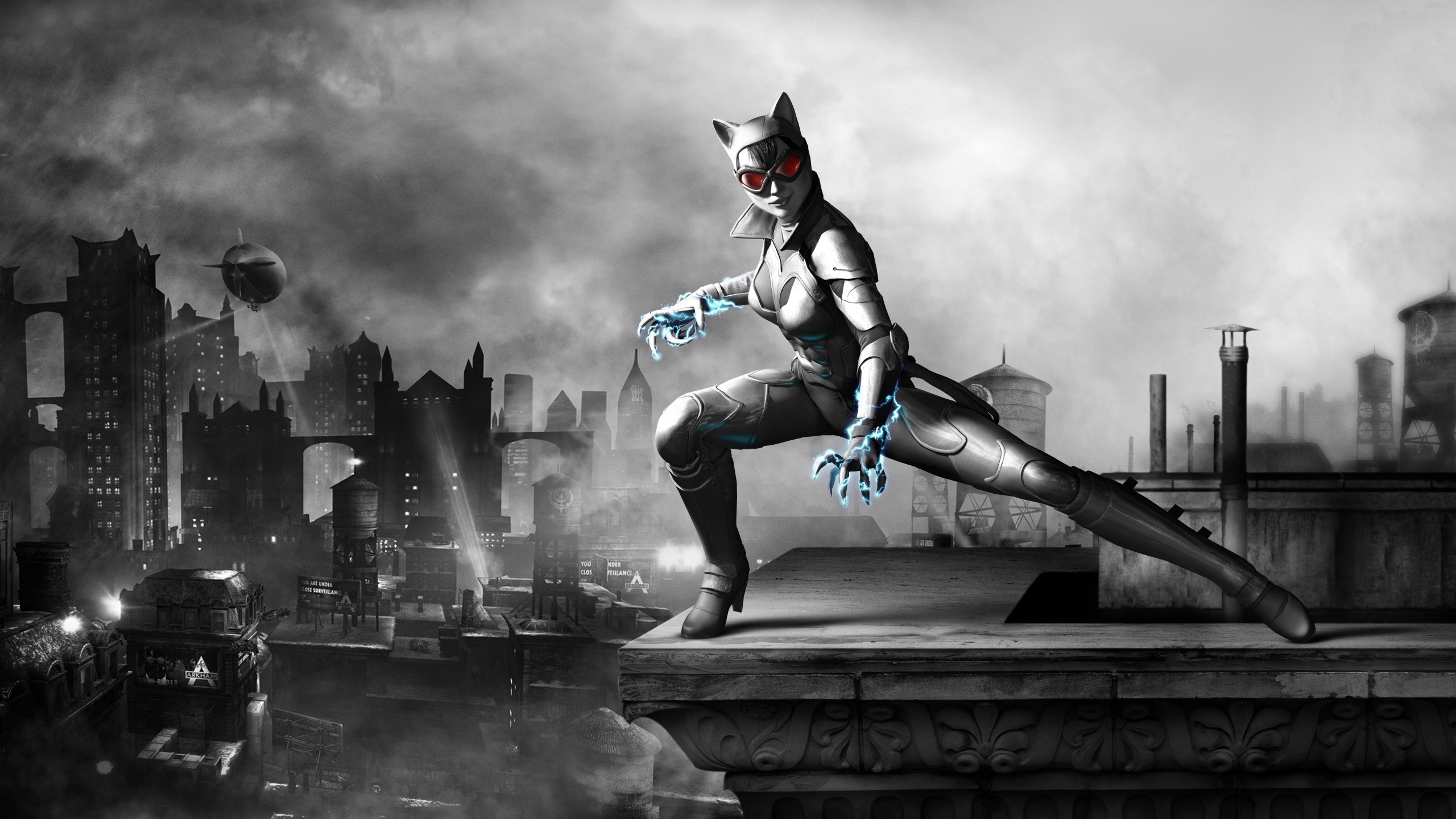 Catwoman, Batman: Arkham City, DC Comics, Bianco e nero, 2560x1440, immagine di sfondo