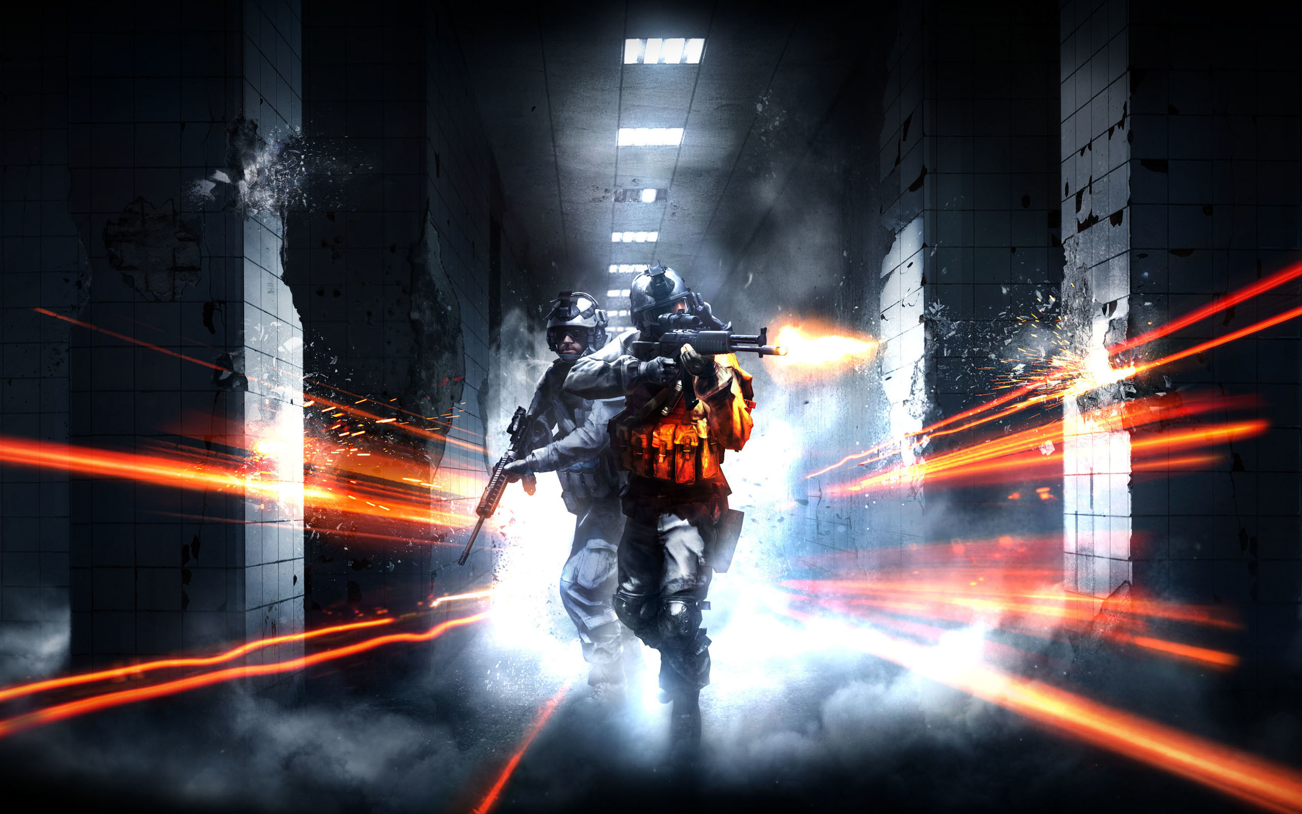 Battlefield 3, Soldato, Corridoio, Traccianti, Luci arancioni, 2K, wallpaper desktop