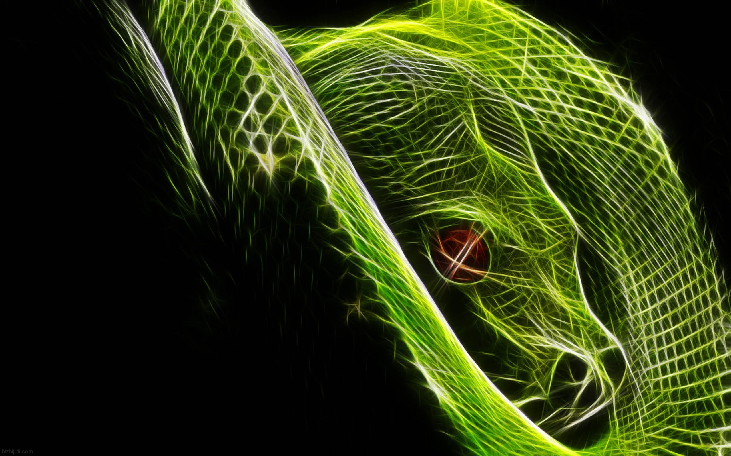 Serpente, Effetto frattale, Verde, Sfondo nero, Arte digitale, 2K, wallpaper per PC