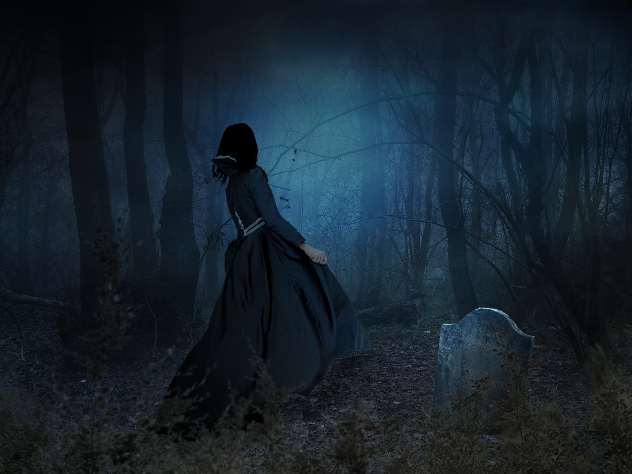 Donna in nero, Foresta oscura, Lapide, Nebbia, Notte, Gotico, sfondo per iPad e tablet